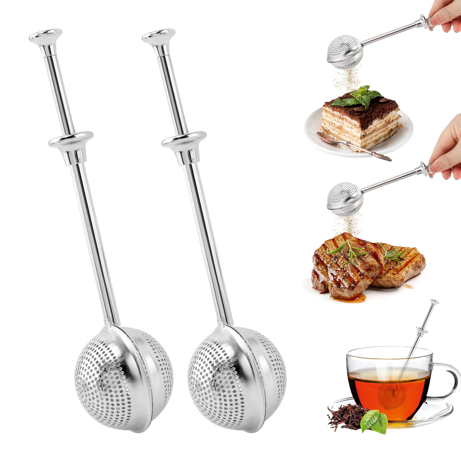 2pcs Flour Duster for Baking, Stainless Steel Flour Sifter for Baking, Icing Sugar Shaker with 18 cm Spring Handle, Cooking Baking Tool for Home Pastry Chefs(Silver)