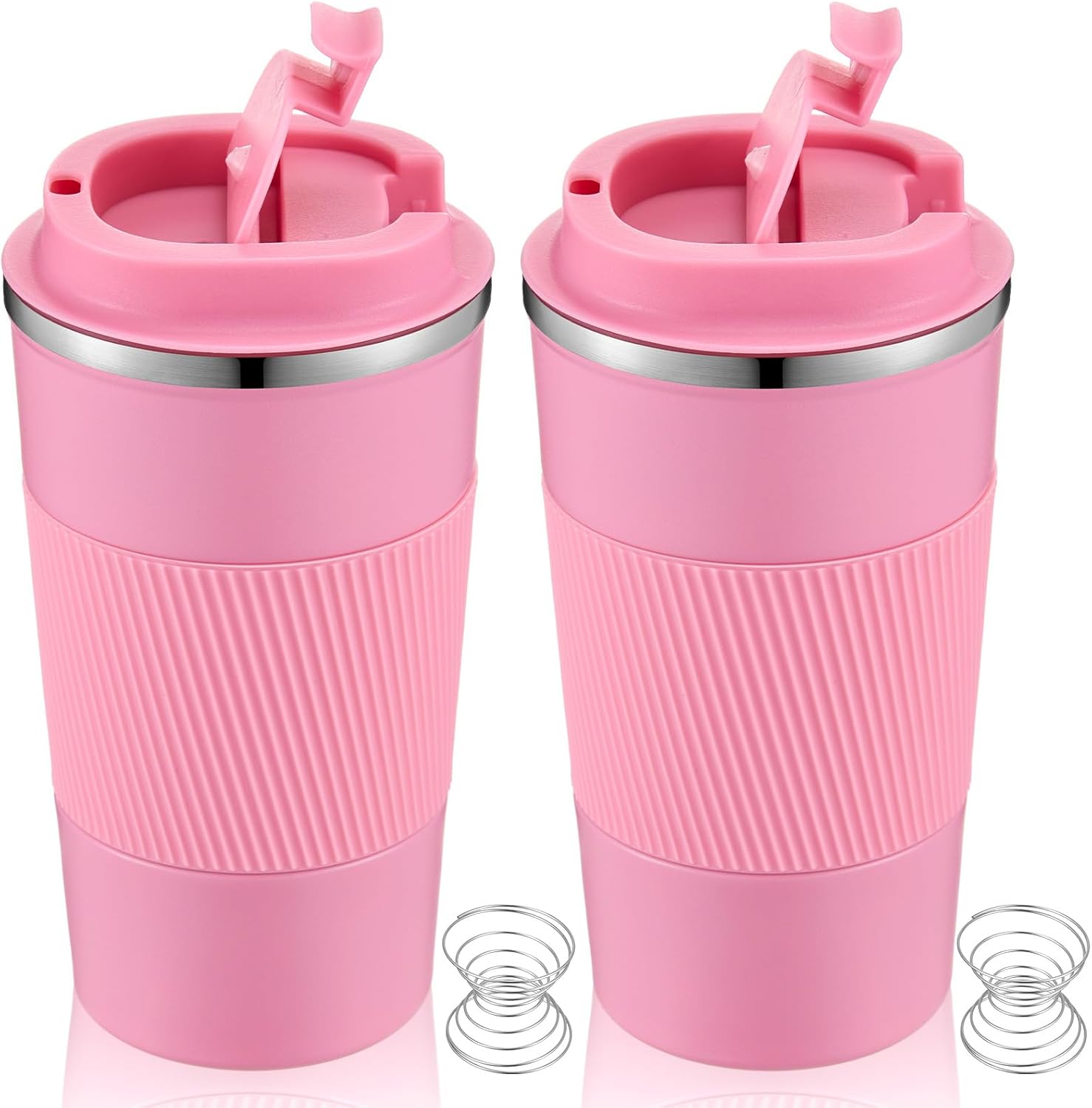 Maxdot 2 Pcs Stainless Steel Shaker Cup with Mixing Ball 17 oz Insulated Metal Blender Tumbler Water Bottle for Protein Mixes Gym Workout Coffee Drink (Pink)