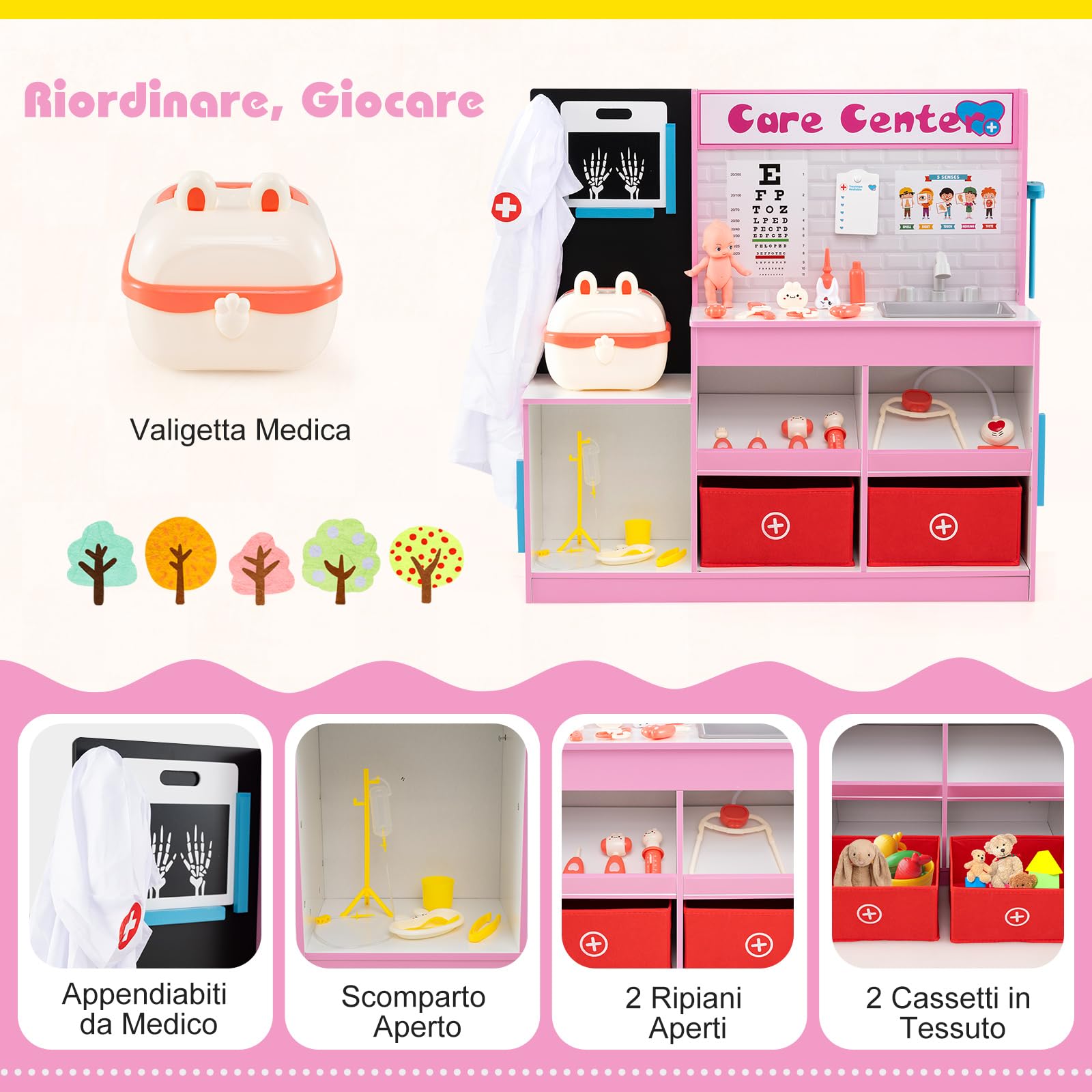 COSTWAY Set Gioco Dottore per Bambini, Gioco di Ruolo Medico in Legno con Stetoscopio, Radiografie, Monitor ECG, Tabella Oculistica e 29 Accessori, Medico Giocattolo per Bambini 3+ Anni (Rosa)