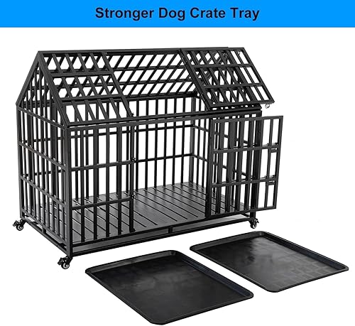 Miniatura 3 de Jaula resistente para perros de 52 pulgadas para pastor alemán y razas grandes, ruedas con bloqueo, perrera de acero a prueba de mordeduras con