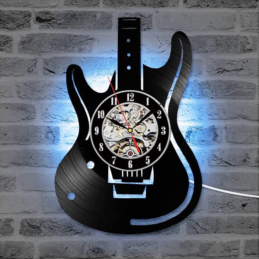 Chitarra Disco in vinile Orologio da parete Strumento musicale antico CD Orologi LED Decorazioni per la casa Orologio da appendere silenzioso creativo per gli amanti della musica Regali per la festa