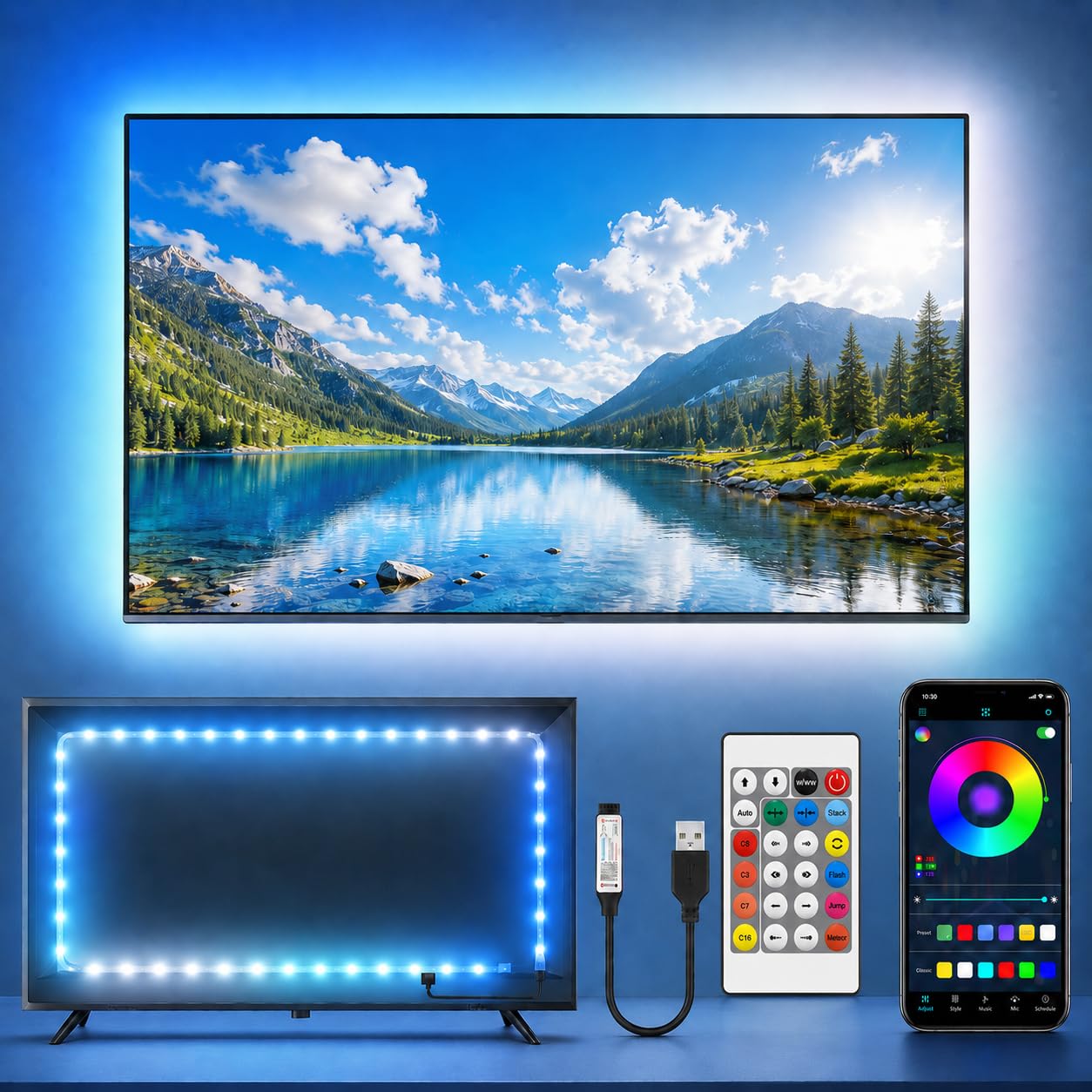 shalaker LED TV Lights, 5M USB LED Strip for 45-75 Inch Screens, RGB Colour Changing with Bluetooth & Music Sync, Remote Control Backlight for Home Theater, Gaming Setup and Living Room Decor