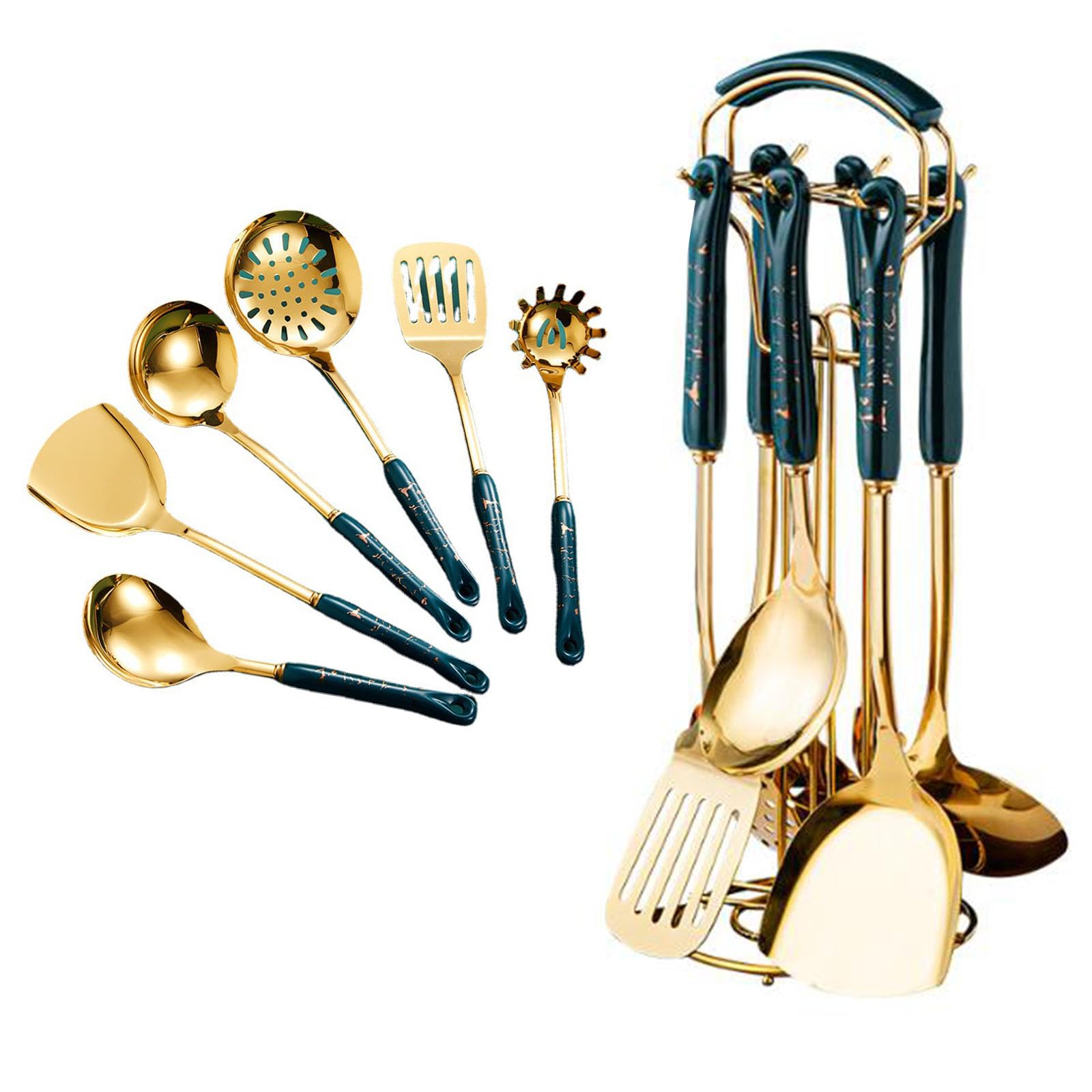 Set di Utensili Da Cucina, Set di Utensili Da Cucina Da 7 Pezzi, Set di Utensili Da Cucina in Acciaio Inossidabile Dorato con Portautensili, Include Spatola, Mestolo, Cucchiaio Per Pasta, Lavabile In