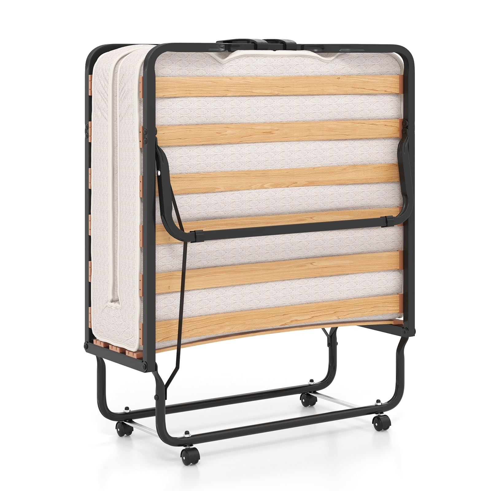 LIFEZEAL Brandina Pieghevole con Materasso, Letto Singolo a Scomparsa, Letto di Emergenza per Ospite, con 4 Ruote, Telaio in Acciaio, 15 Doghe in Legno, Salvaspazio, Max 120 kg, Made in Italy