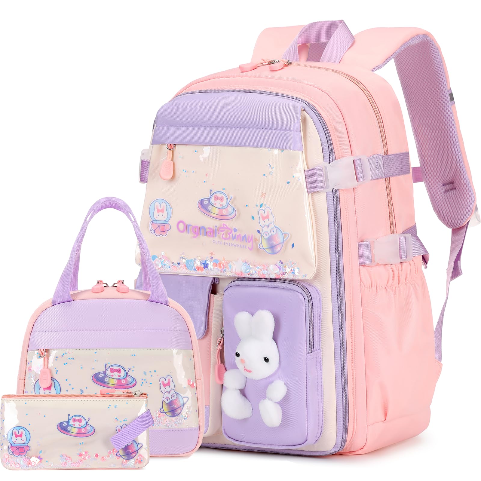 Tecoloy Kawaii Cute Bunny Backpack for Kids - 3-Pack, Includes Lunch Box & Pencil Case, Perfect for Girls Kindergarten to Middle School, Pink