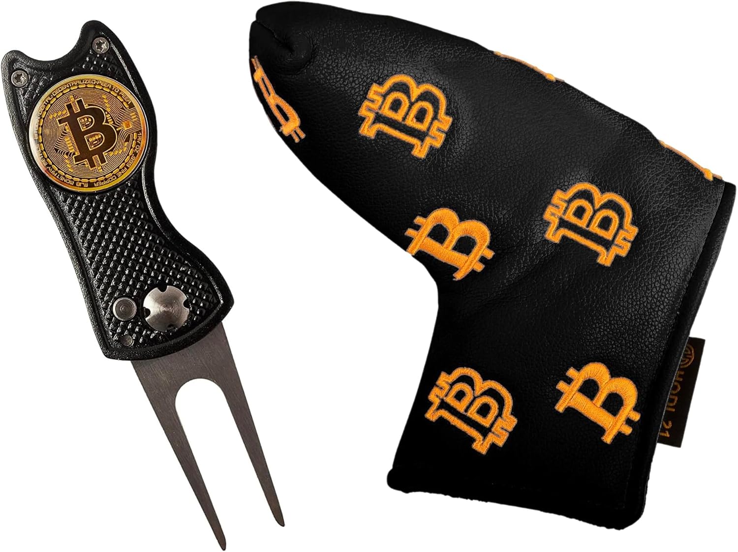 Bitcoin Divot Repair Tool and Blude Putter Cover Combo - Black