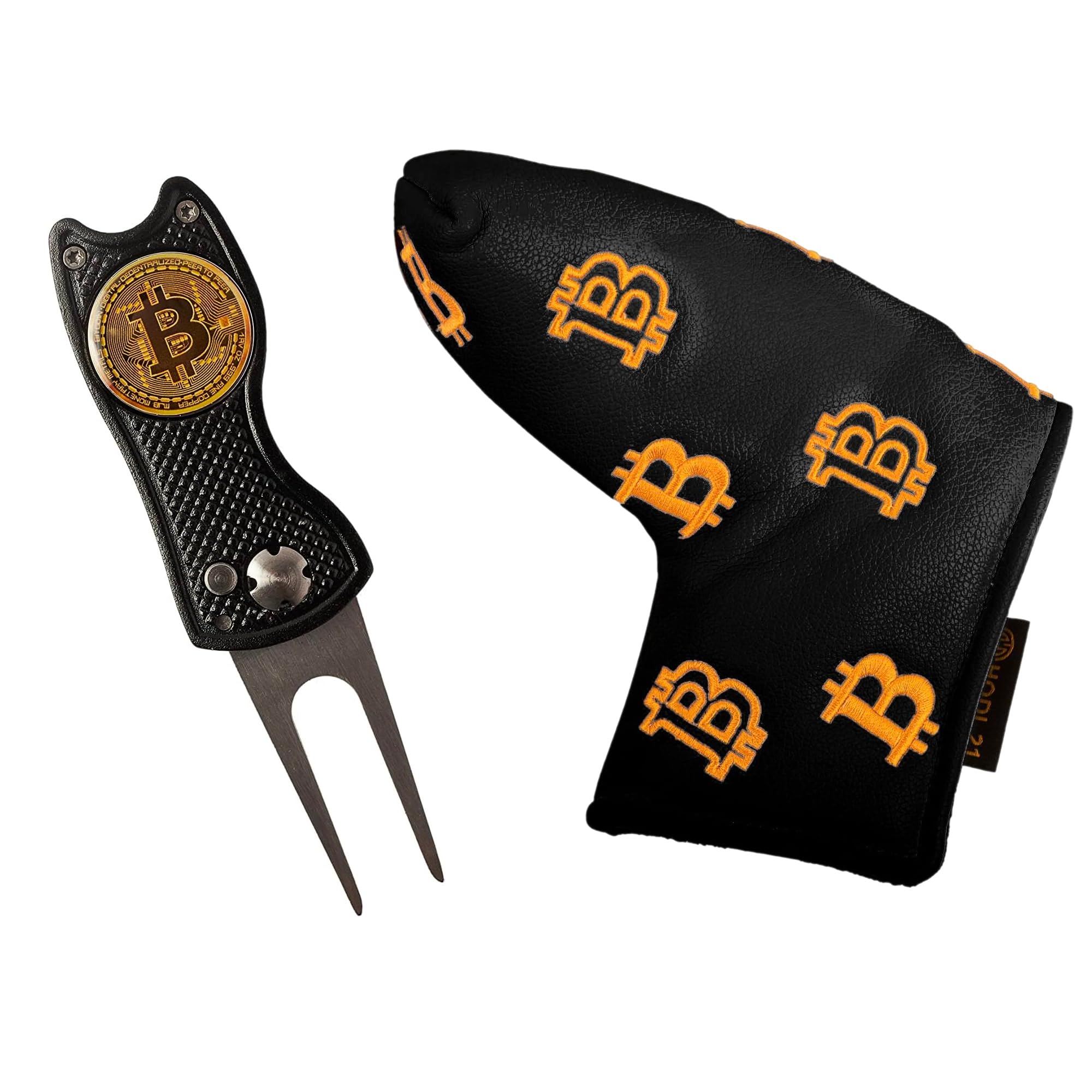 Bitcoin Divot Repair Tool and Blude Putter Cover Combo - Black