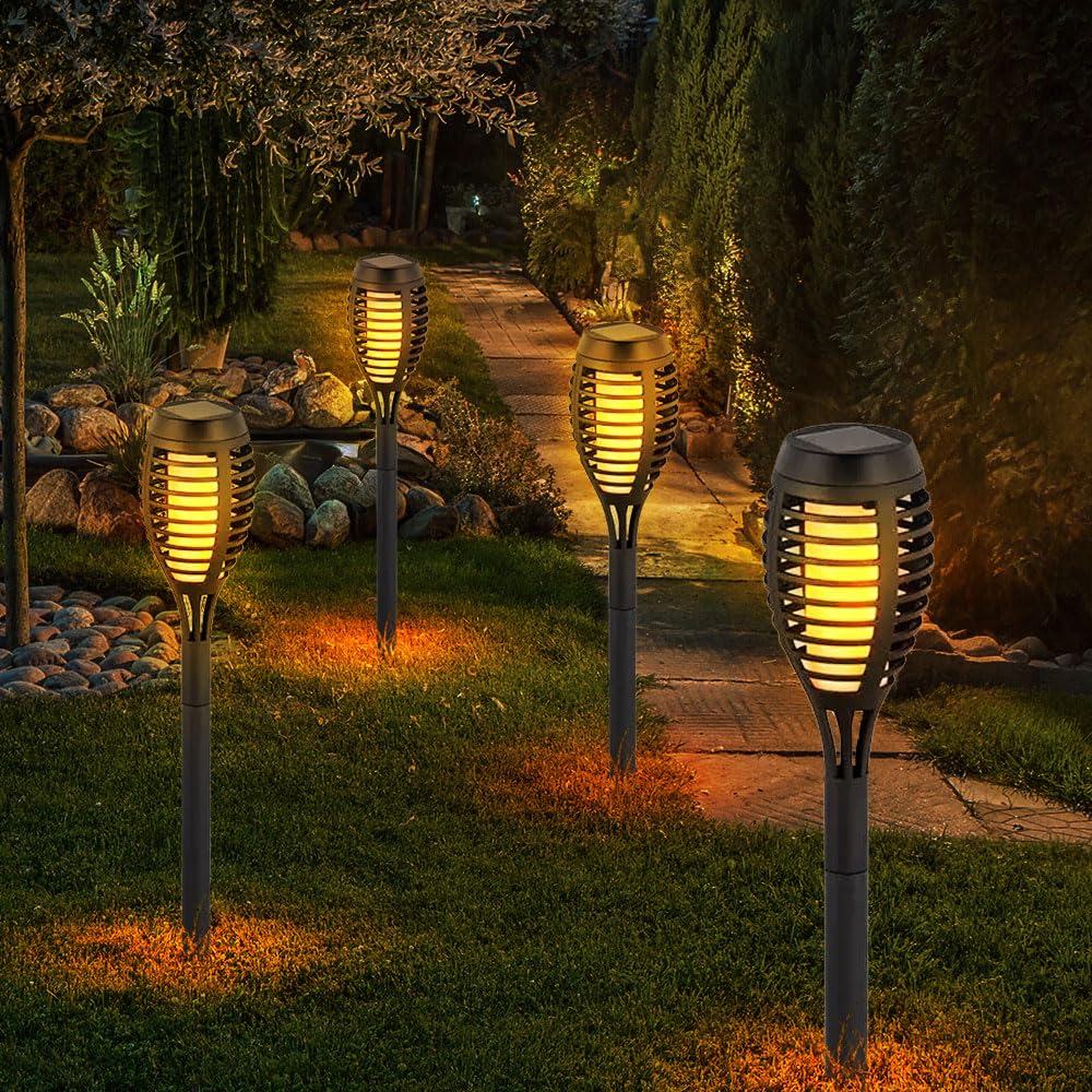 LED Solarfackeln für Außen flackernd Balkon Gartendeko Stecklampen Solar Gartenfackel, Kunststoff schwarz, Feuereffekt warmweiß, H 50 cm, 8er Set