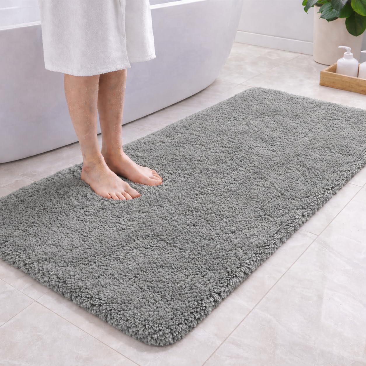 PUFFMAT Microfibre Bath Mat 120 x 60 cm Grey, Absorbent Bathroom Rug with Soft Plush Pile and TPR Backing, Machine Washable Bathroom Mat for Shower, Bathtub, Toilet and Guest Bathroom