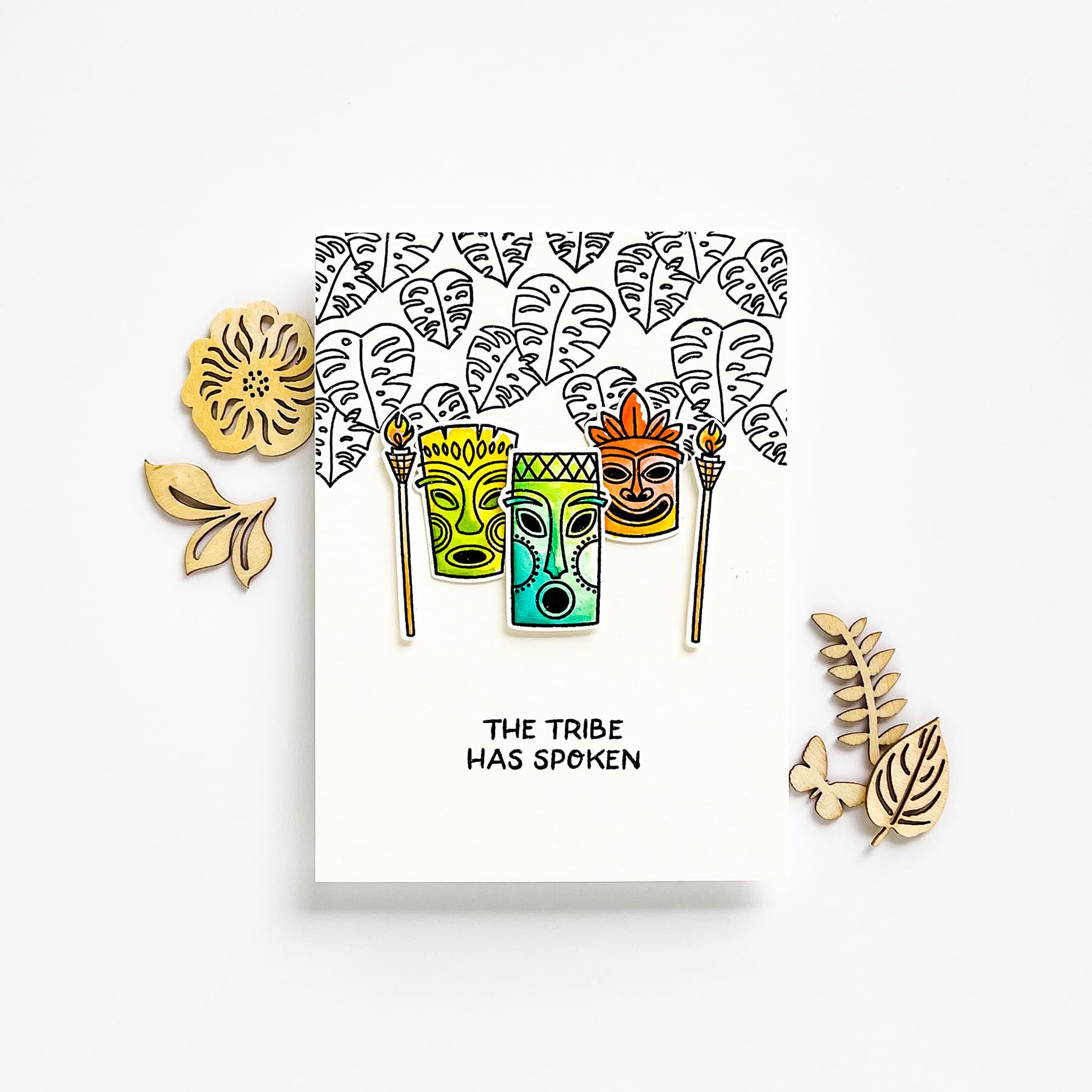 It's a Jungle Stamp and Die Set Combo, Essentials by Ellen, Stamping, Scrapbooking, Die Cutting, DIY, Cardmaking, Papercraft, Tropical, Tiki, Palm, Survivor, Torches, Tribu