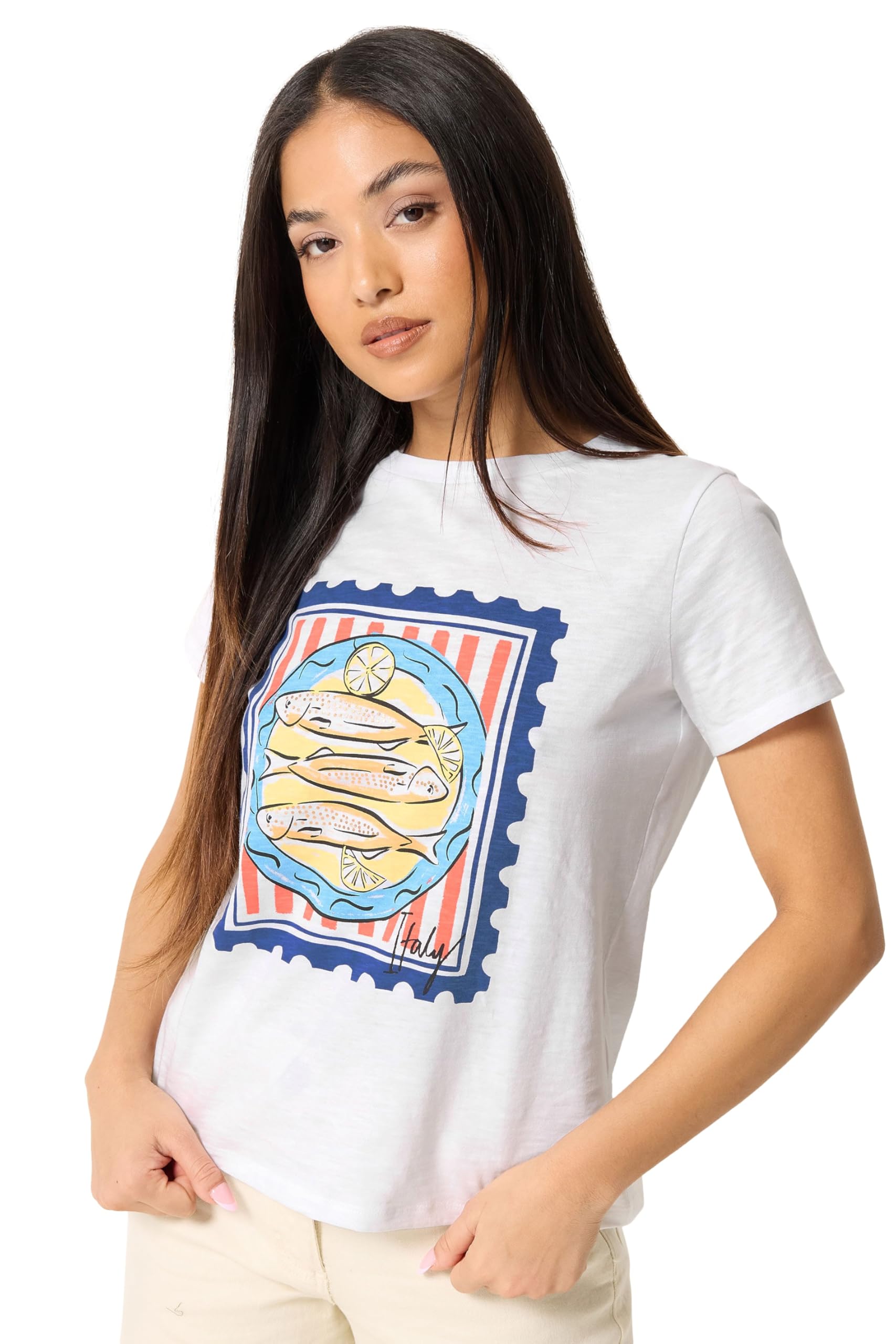 M&Co Women's White Petite Sardine Graphic Print Cotton T-Shirt