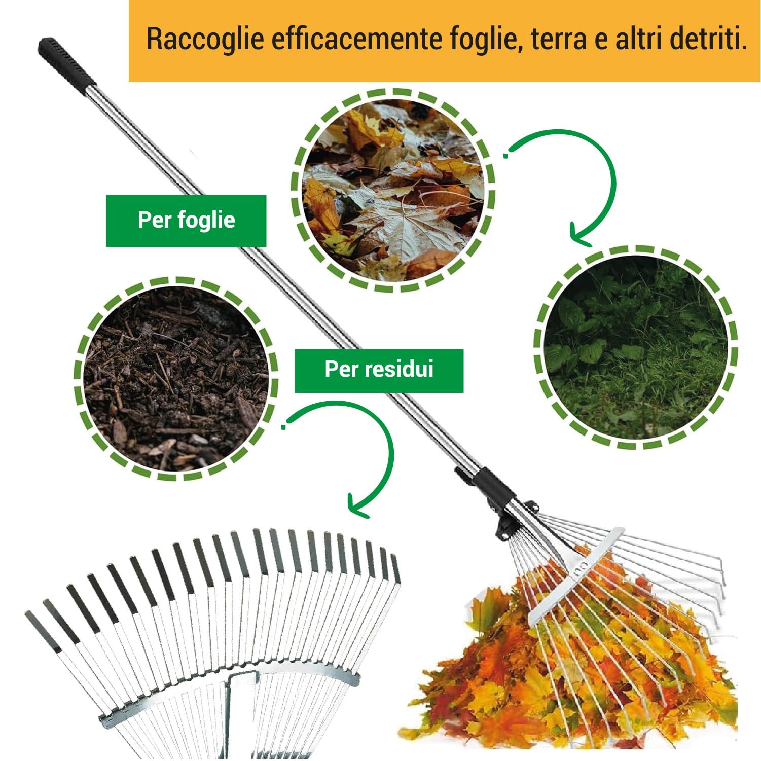 Rastrello Foglie Crisalide Regolabile - Con Manico Telescopico E Guanti - Foto 3