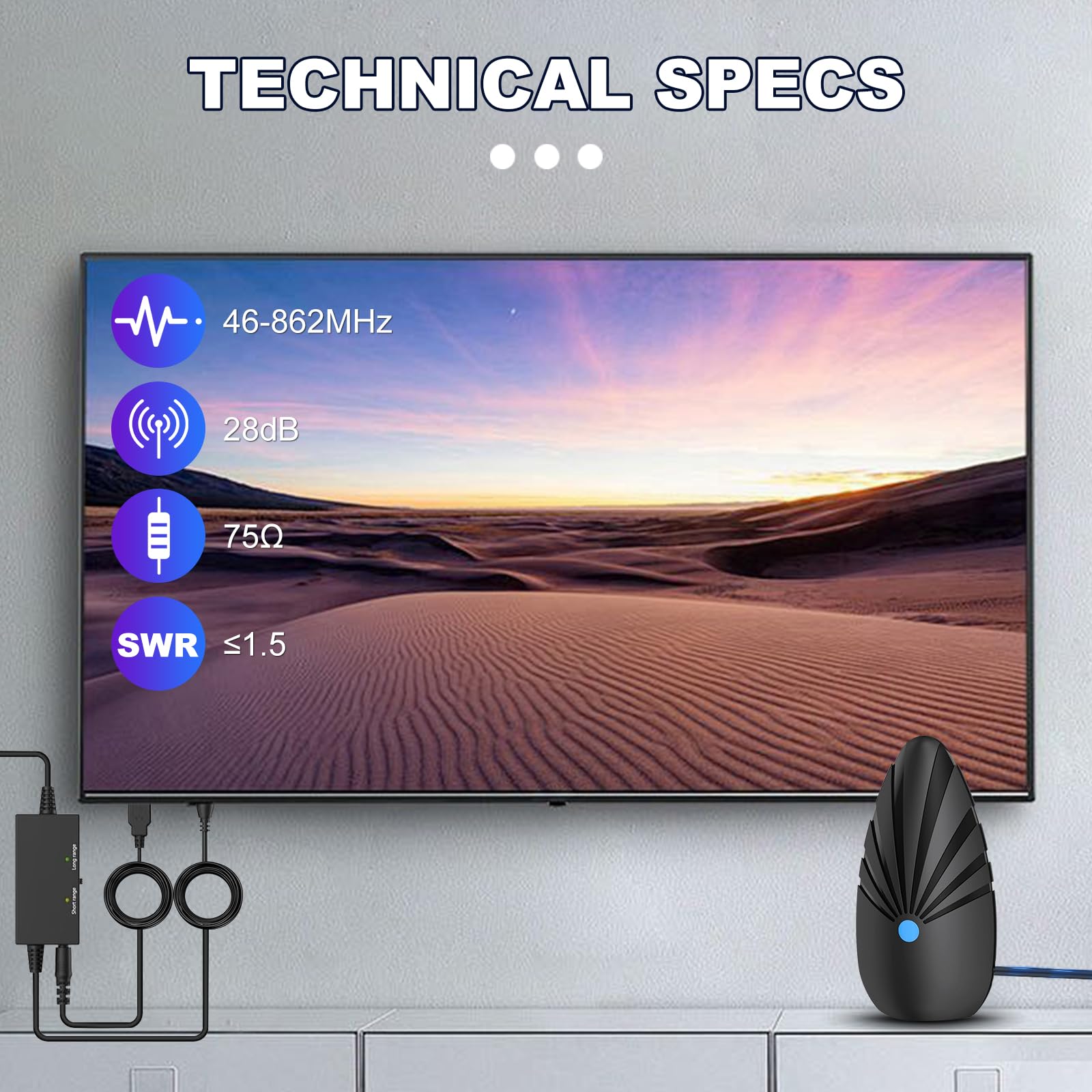 Antenna TV Interna DVB-T/DVB-T2 con Amplificatore (Portata 620+ Km), Antenna Digitale 2025 per 4K 1080p & Tutti i TV, Cavo Coassiale da 10m