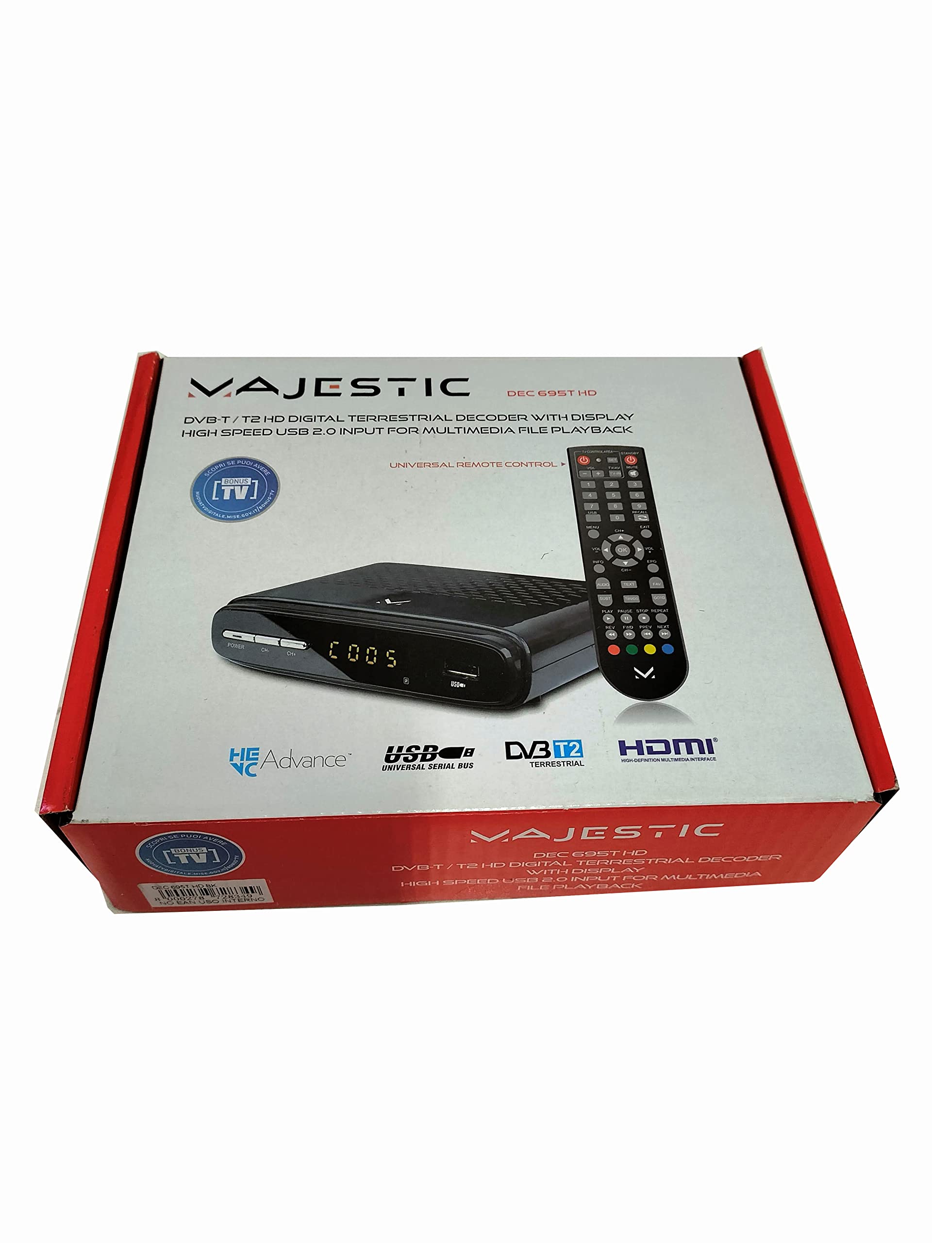 Majestic DEC 695T HD - naziemny dekoder cyfrowy DVB-T/T2 HD z wyświetlaczem i uniwersalnym pilotem samościennym, HEVC MAIN 10, wejście USB, SCART, HDMI