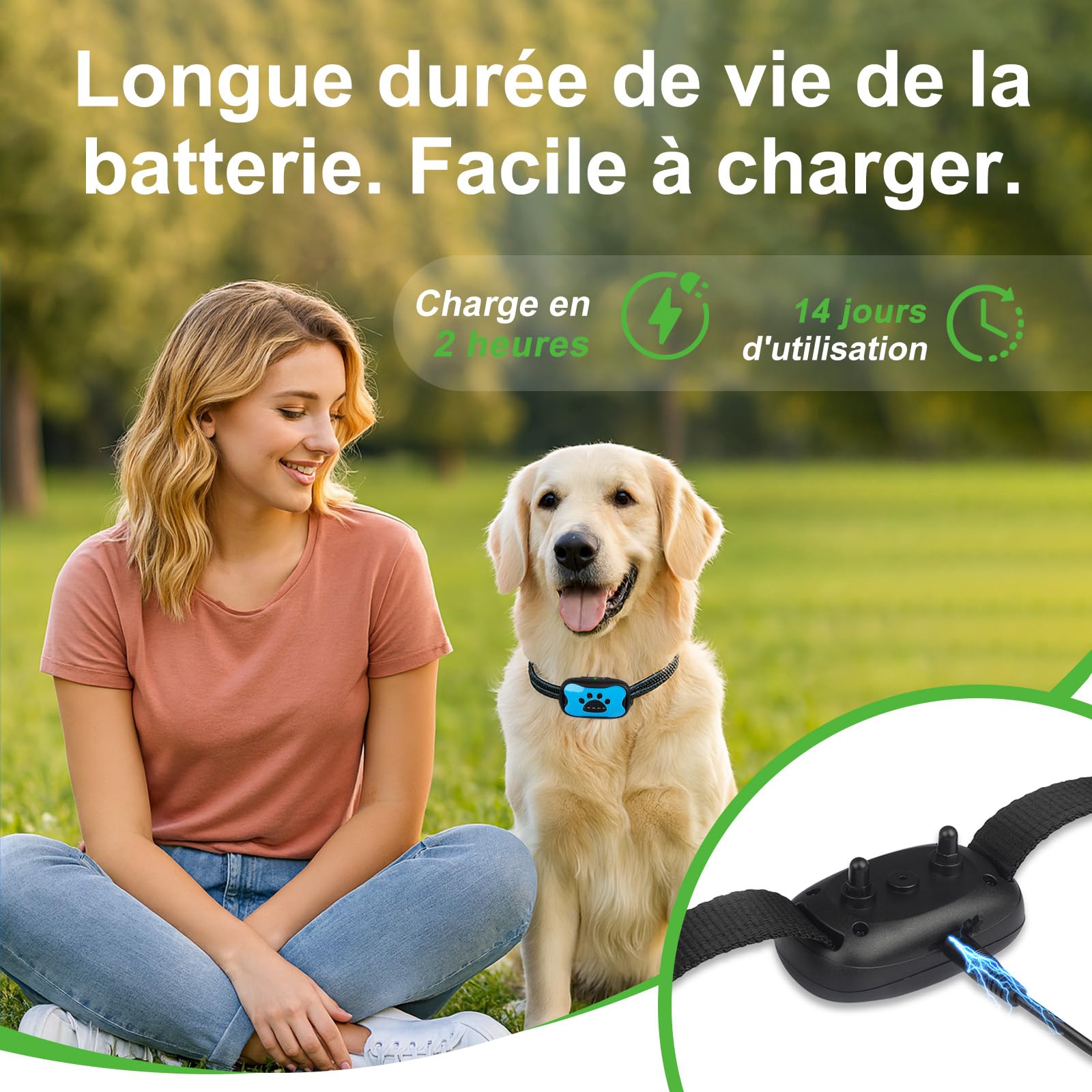 Puppy Safe Collier Anti-Aboiement pour Chien – sans Douleur ni Choc Électrique, 7 Niveaux Sensibilité, Vibration + Son, Taille Réglable,Rechargeable (Blue)