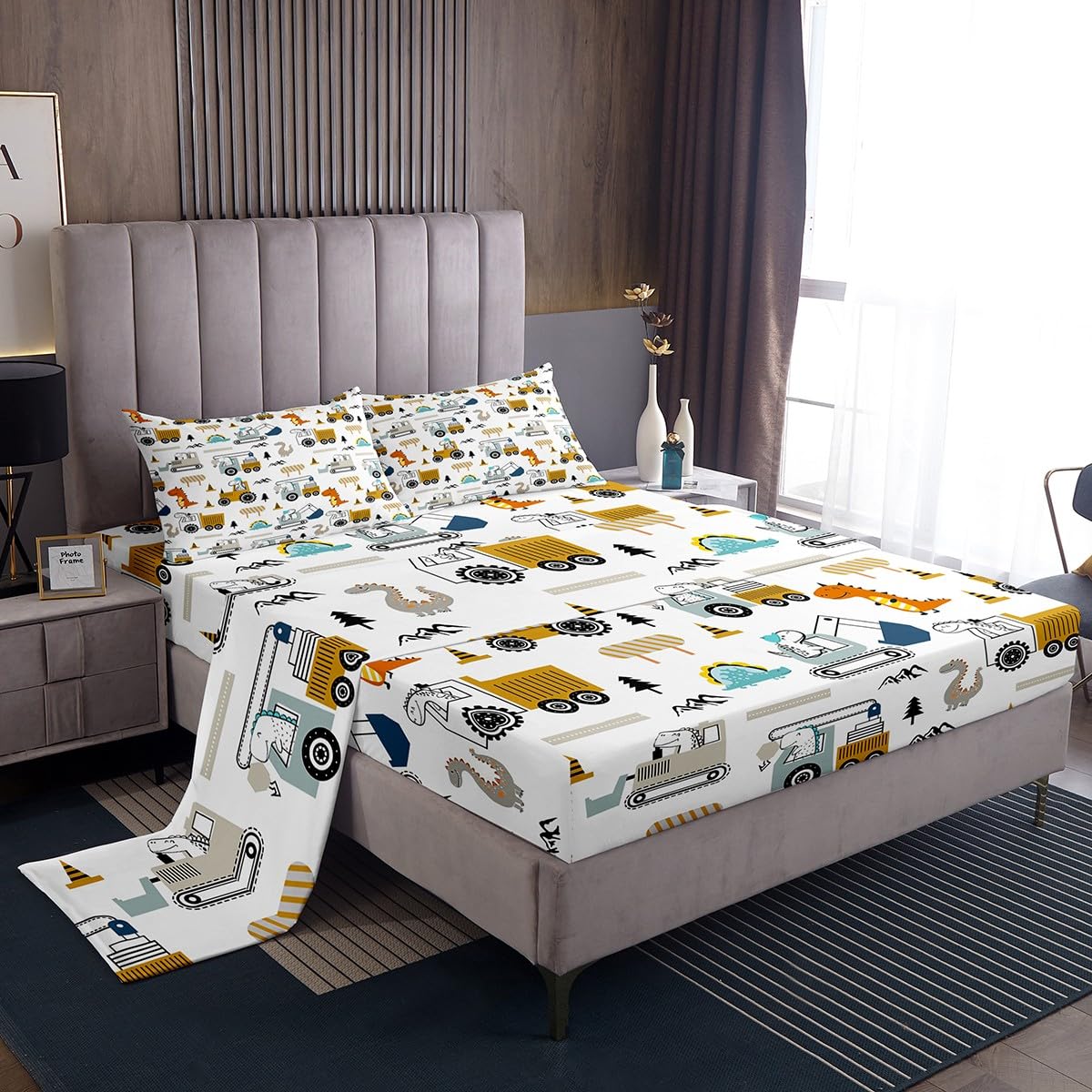Feelyou Construction Bed Sheets Set Full Size Equipment Trucks Sheet Set for Kids Boys Girls Decor Dinosaur Sheets