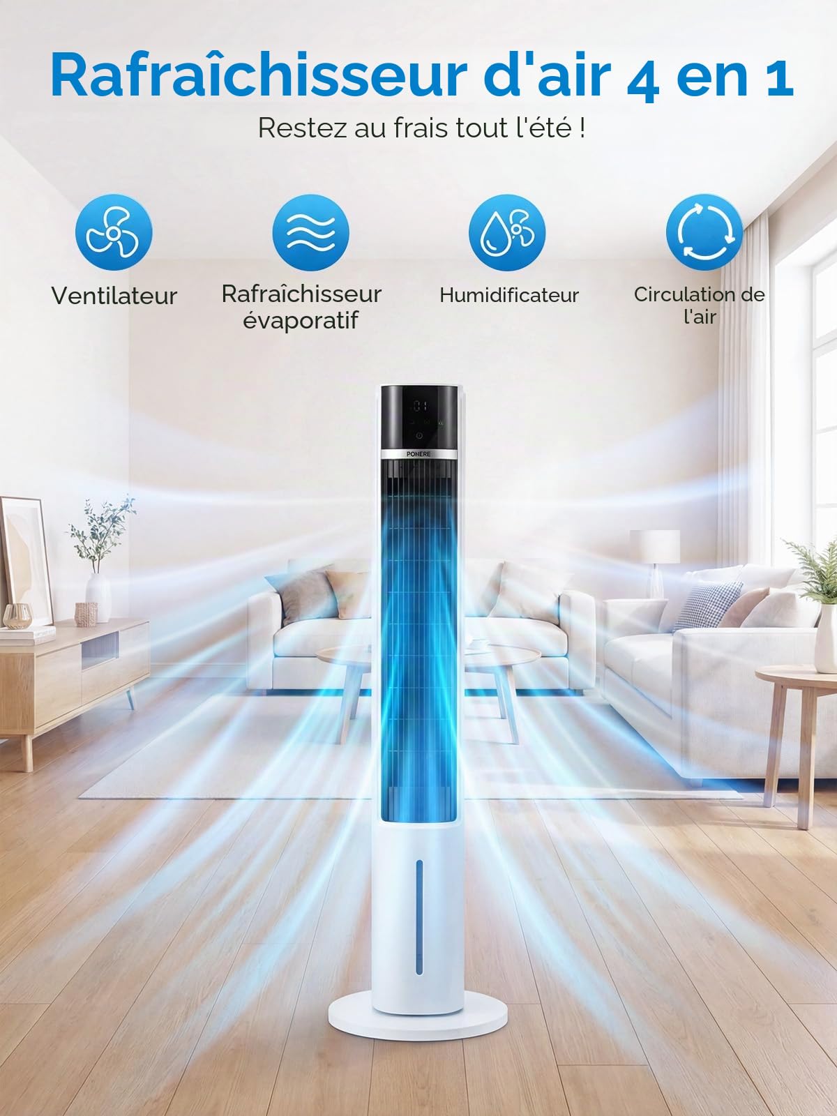 FOHERE Refroidisseur d'air et refroidissement par évaporation, ventilateur tour ultra silencieux, avec minuteur 24 h, télécommande, réservoir d'eau 3,2 l, pour salon, chambre à coucher, maison, bureau
