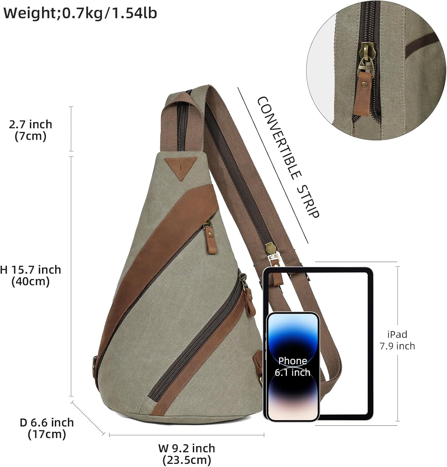KL928 Canvas Sling Bag for Men Women, Genuine Leather Design Shoulder Crossbody Bags Backpacks Travel Daypack (Olive Green)