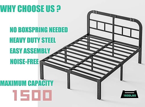 Miniatura 5 de ZIYOO Marco de cama California King con cabecero de 14 pulgadas de alto resistente listones de acero con soporte de 3000 libras, fácil montaje, sin