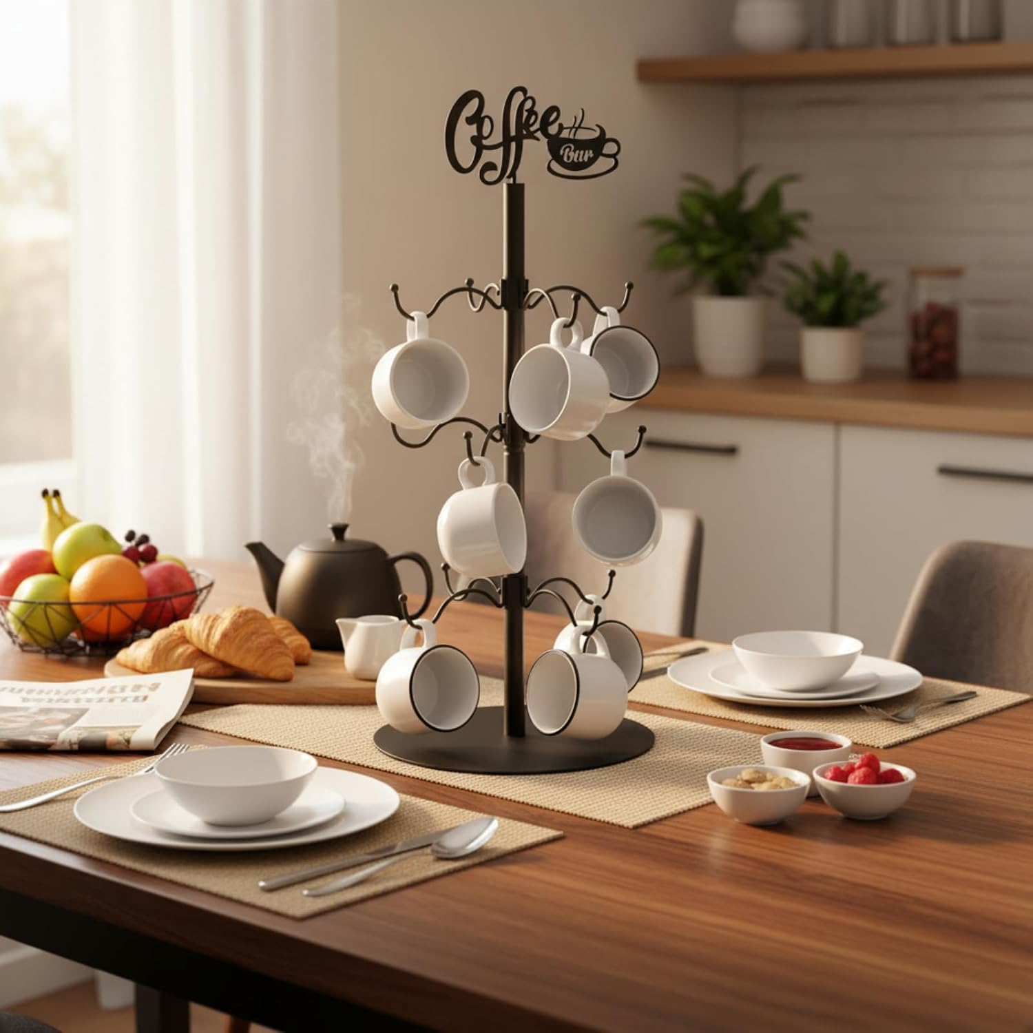 LemonRoad Coffee Bar Mug Holder Tree, Sturdy Metal Cup Holder for Countertop Coffee Mug Hanger with 12 Hooks for Counter, Cabinet Christmas Home Bar Accessories Storage and Organizer, Black