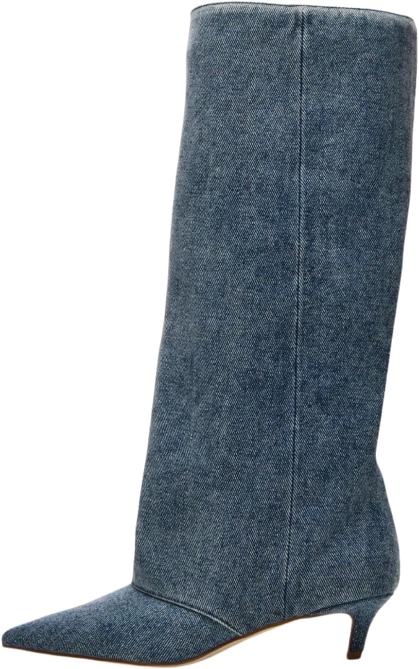 Denim Fold Over Knee High Boots for Women Pointed Toe Kitten Heel Knee High Boots Pull On Wide Calf Shark Boot Fashion Shoes