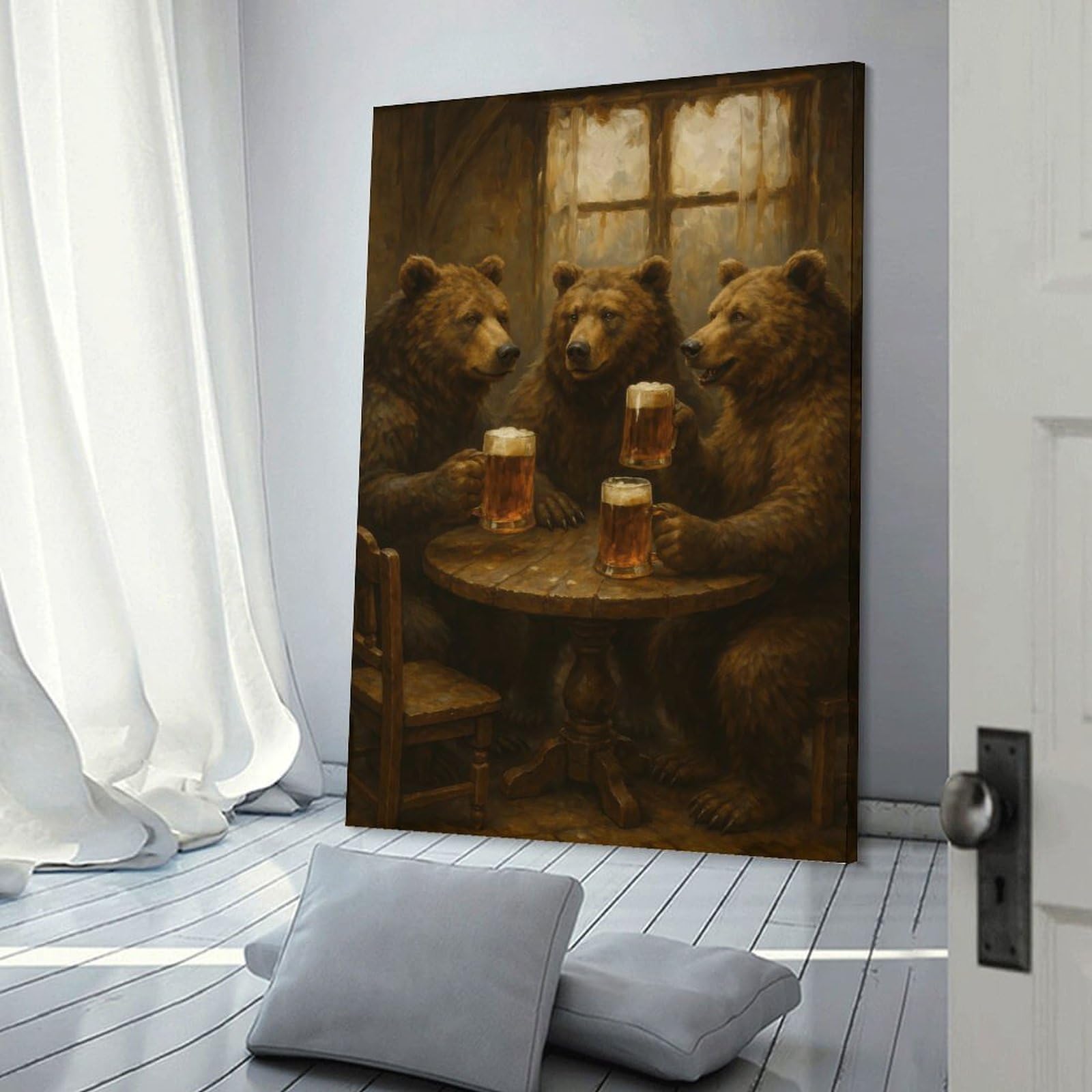 Junmoney Frame-Bears Drinking Beer At A Table Bears Drinking Beer At A Table Canvas Art Print 20X30inch(50X75cm), For Calm Bedrooms, Home Corners Or Flats, An Easy Wall Refresh For Bedrooms