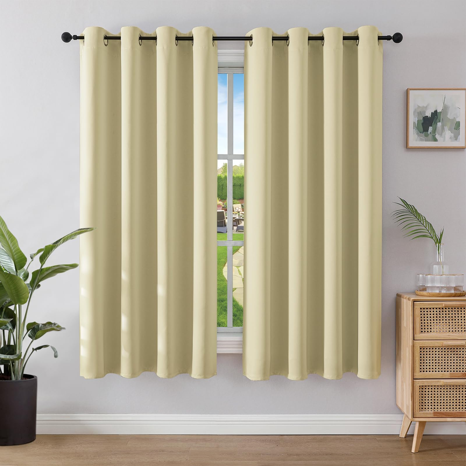 Joydeco Blackout Curtains for Bedroom 55 x 68 Inch, Eyelet Thermal Insulated Energy-saving Drapes for Room Darkening Light Filtering, Long Window Treatments 68 Inch Drop, 2 Panels - Beige