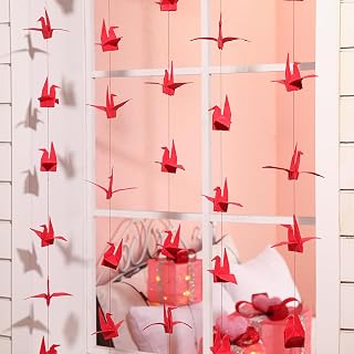 Wavwavw 10-Pack Red Origami Paper Crane Hanging Garlands - Premade Folded Bird Streamers for Japanese Asian Party Decor, Bridal Showers & Home