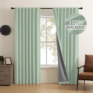 CUCRAF Linen 100% Blackout Curtains 96 Inch Length 2 Panels Set, Back Tab and Rod Pocket Curtain for Living Room Bedroom, Room Darkening Window Drapes Thermal Insulated, (52x96 inch, Sage Green)