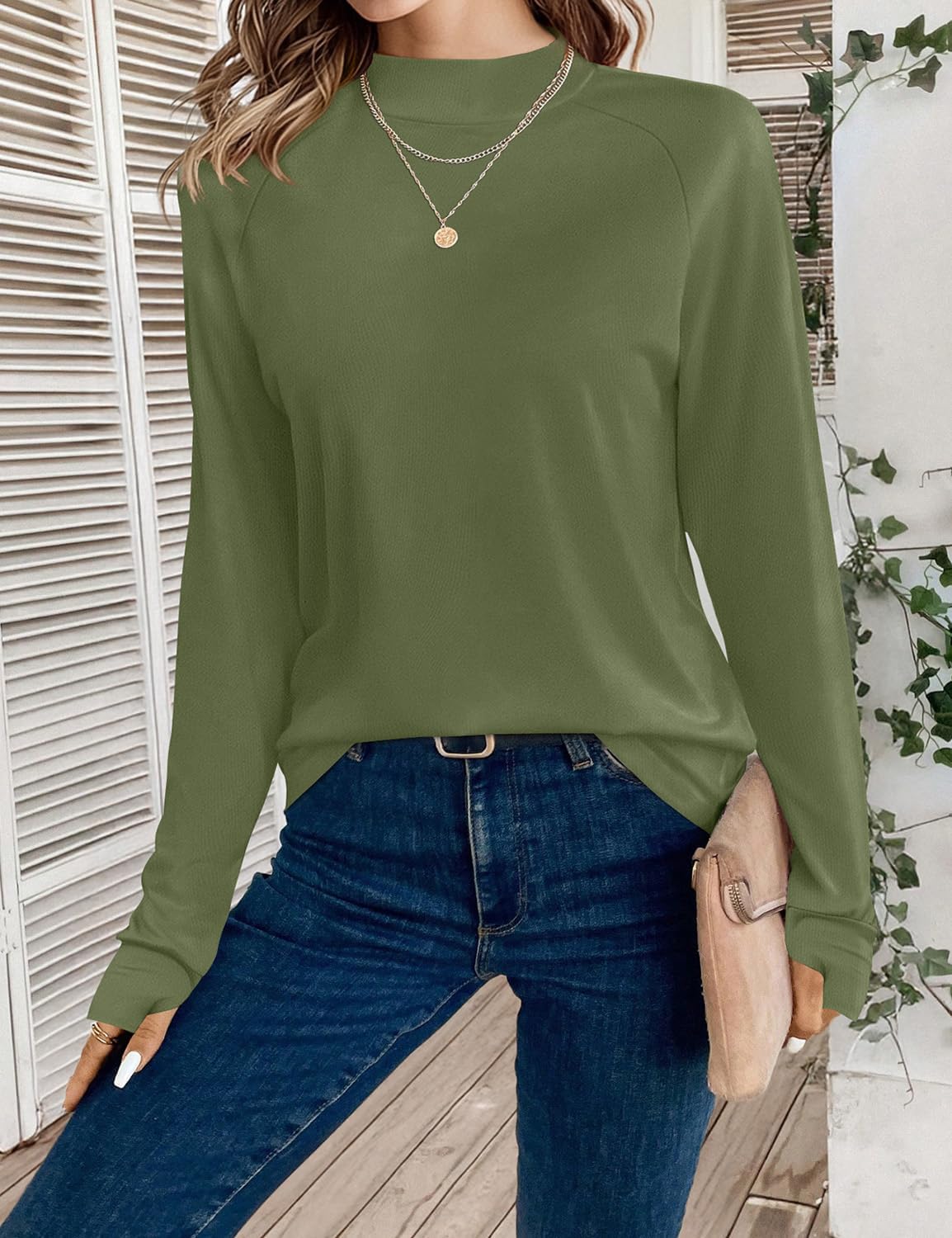 JUSTFASHIONNOW Tunic Tops for Women Casual Long Sleeve Turtle Neck Shirts Thumb Hole Curved Hem Tops Fall Fashion - Image 6