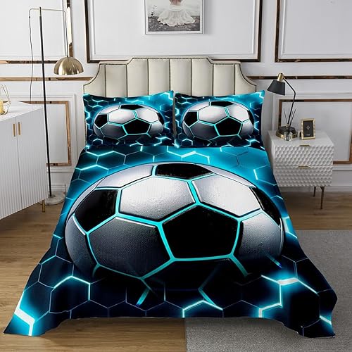 Miniatura 2 de Erosebridal Juego de colcha de fútbol para niños, diseño de panal de abeja azul brillante, juego de ropa de cama moderno con luz de neón, funda de