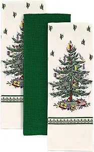 Spode - 3pc Towel Set, Soft & Absorbent Cotton Kitchen Towels, Holiday Home Decor (Spode Christmas Tree Collection)