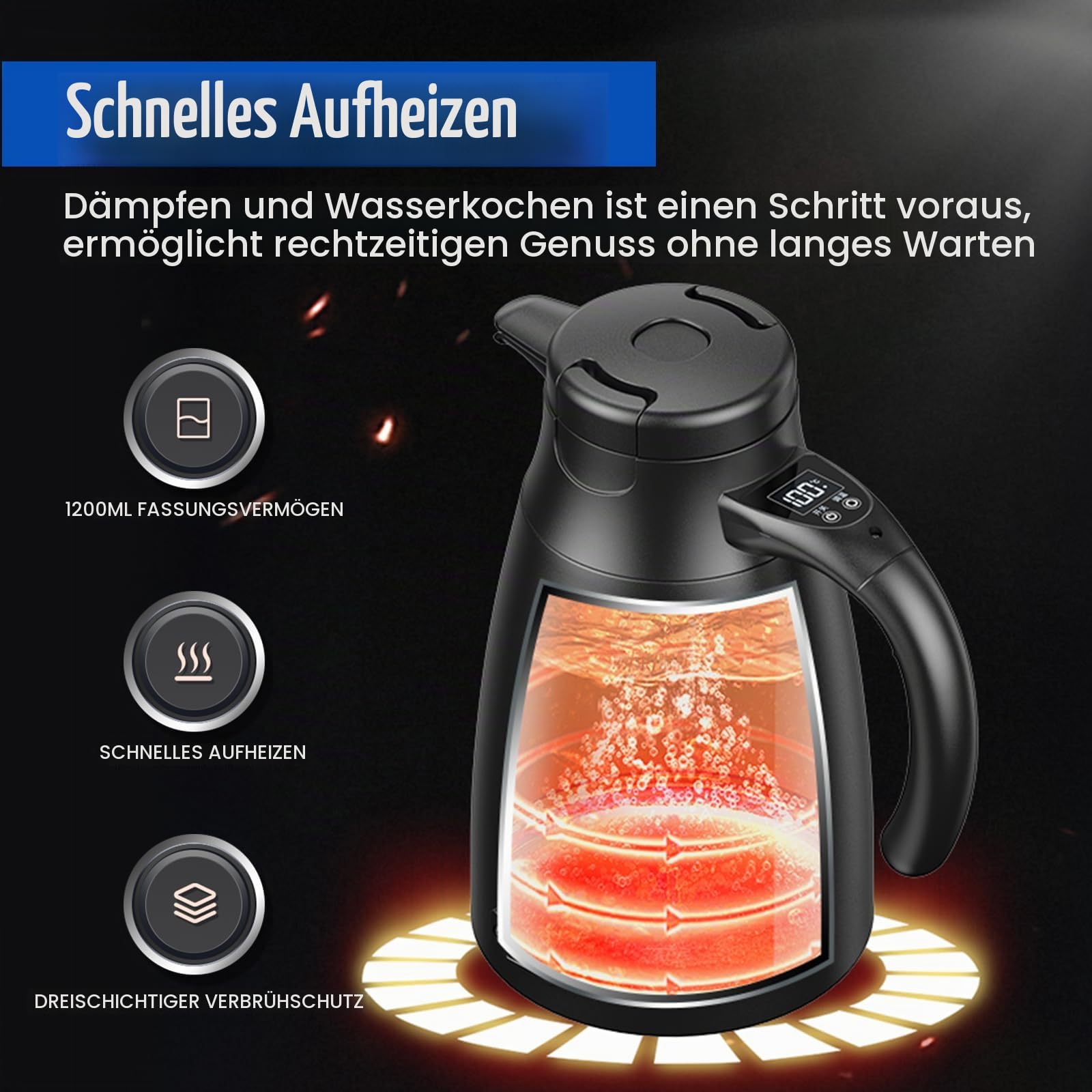 12V/24V Reise Wasserkocher Auto: 1,2 Liter Edelstahl Elektrischer Mobiler Reisewasserkocher mit Zigarettenanzünder Bis zu 100℃ mit LCD-Anzeige für Heißwasser Kaffee Tee, Auto LKW KFZ Camping