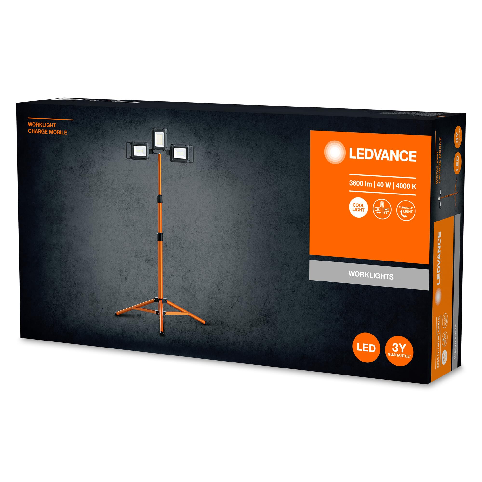 LEDVANCE Worklight LED Tripod - Arbeitslicht mit Stativ, zentraler Fluter mit 30W und zwei abnehmbaren Akku Strahlern 5W, IP54, 3280 Lumen, 4000K kaltweiß, Rotationswinkel 360°
