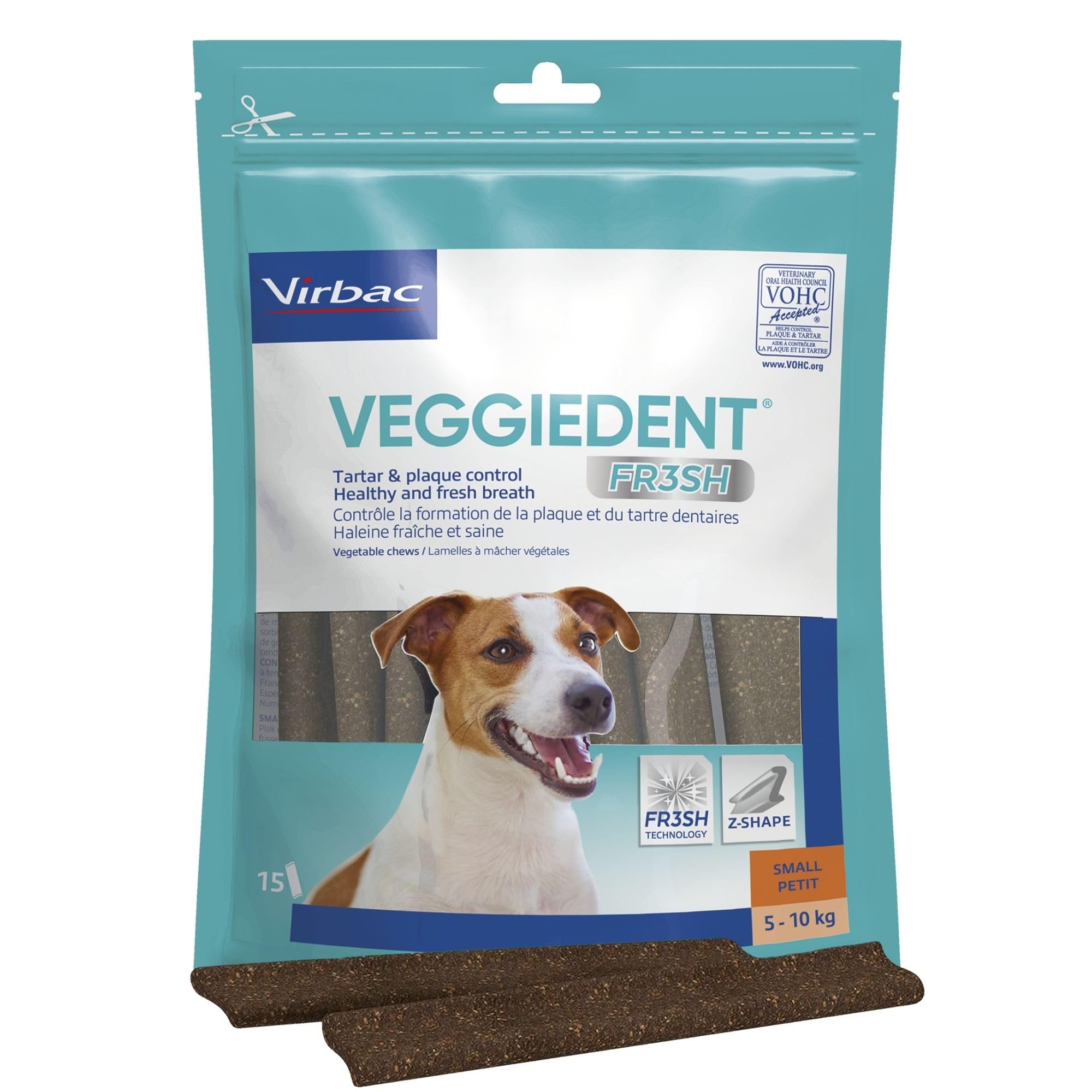 Virbac Veggiedent Mangime Complementare 15 Strisce Anti Tartaro e Alito Fresco per Cani Sotto 10 Kg
