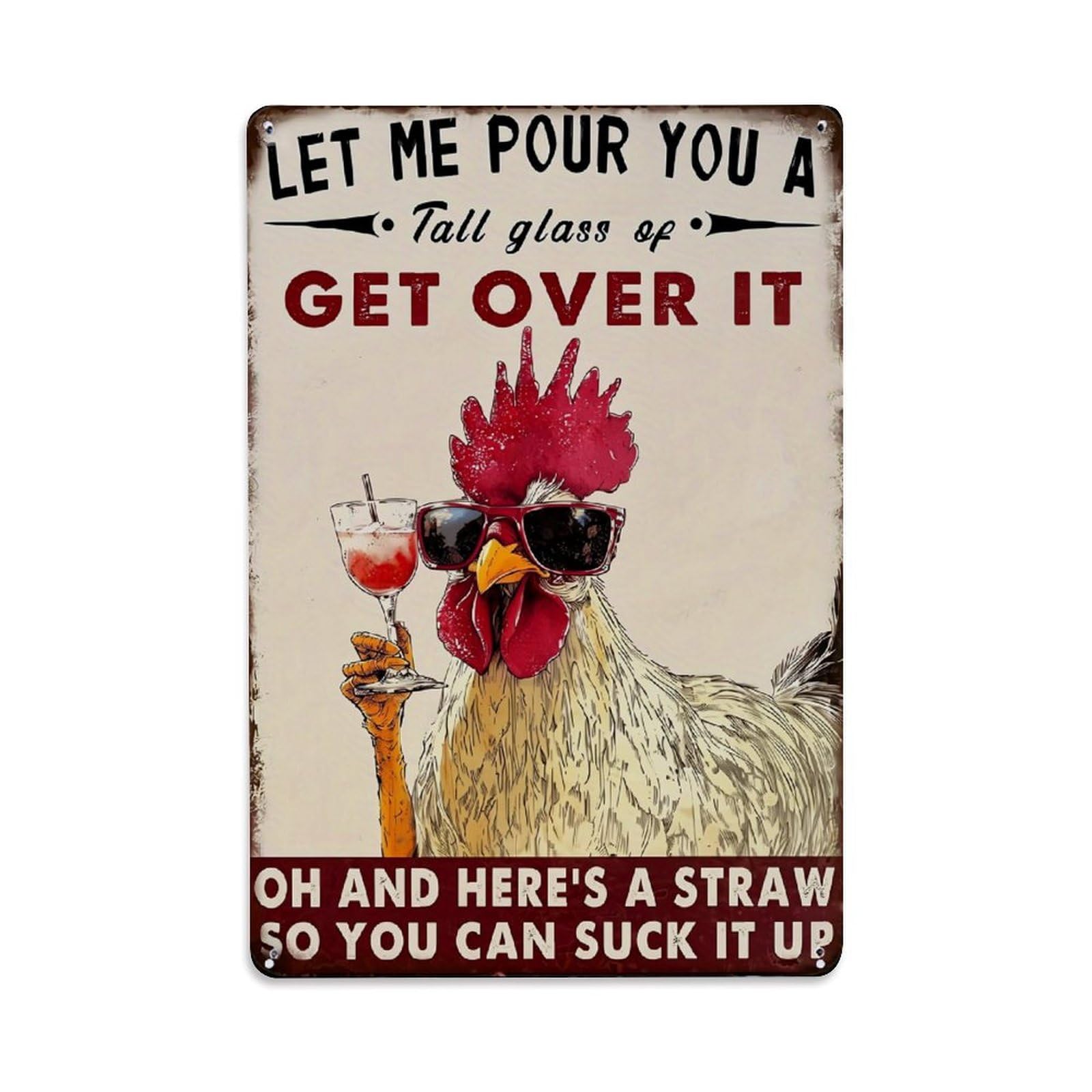 Bliveurn Vintage Cool Rooster Holding Drink Sign Retro Metal Tin Sign, Metal Poster For Home, Gaming Room, Studio Workshop,Bar,Garage Wall Art Decor 8X12 Inch