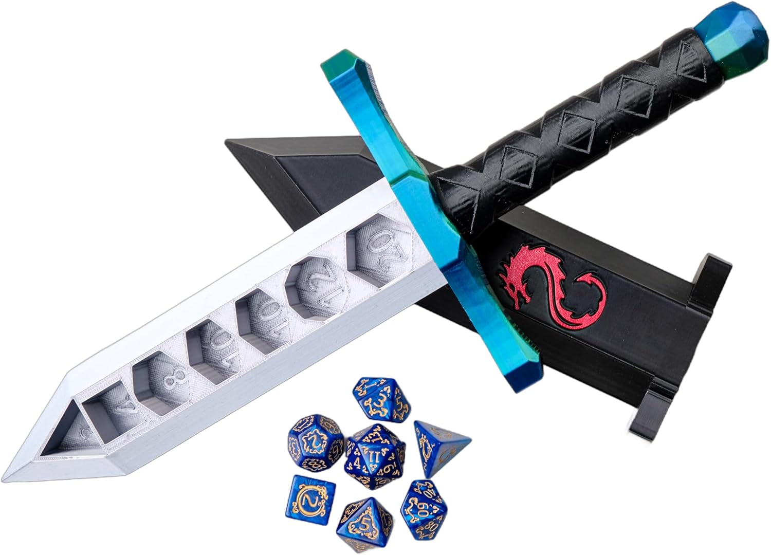 3D BEST-Q Dice Sword Holder (Dragon-Patterned 7PCS D20 Dice Set Included), Custom Polyhedral Dice Storage for Tabletop RPG - Dungeons and Dragons - DND - D&D (Blue&Green)
