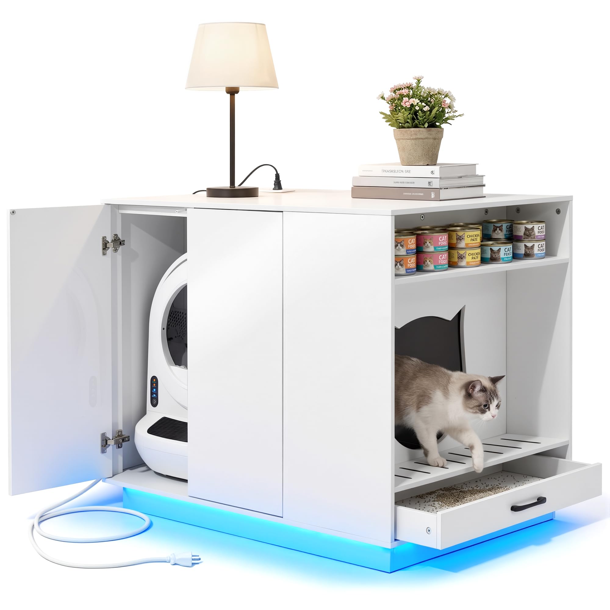 Large Hidden Litter Box Furniture with Led Light & Power Outlets, Modern Cat Litter-Box Enclosure for Self-Cleaning Litter Boxes, Indoor Wooden Storage Cat Cabinet, High-Gloss White