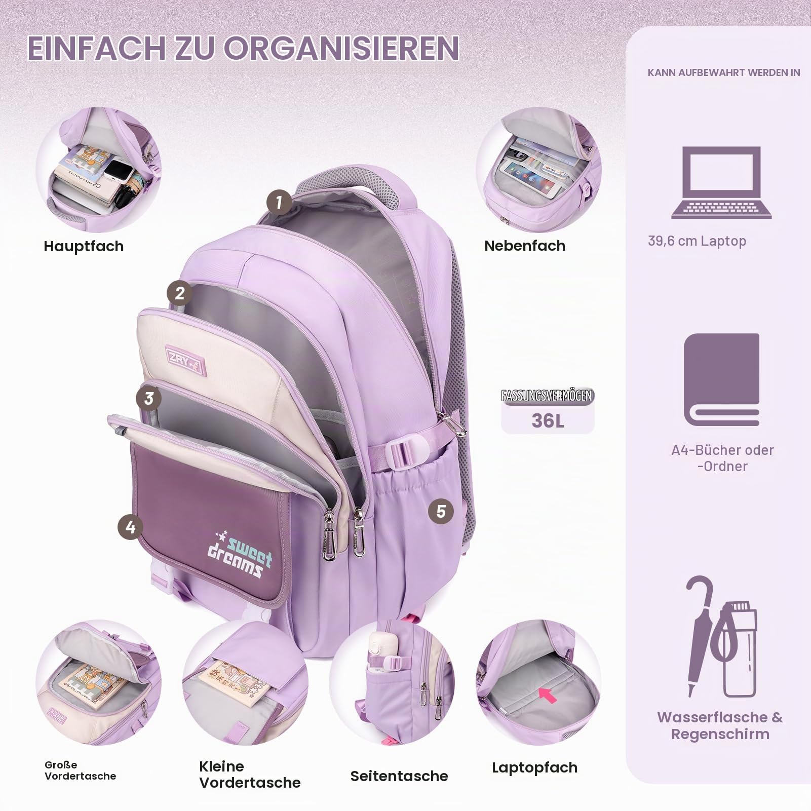 Amythe Schulrucksack Trolley für Mädchen, Teenager Rucksack, 36L, Lila