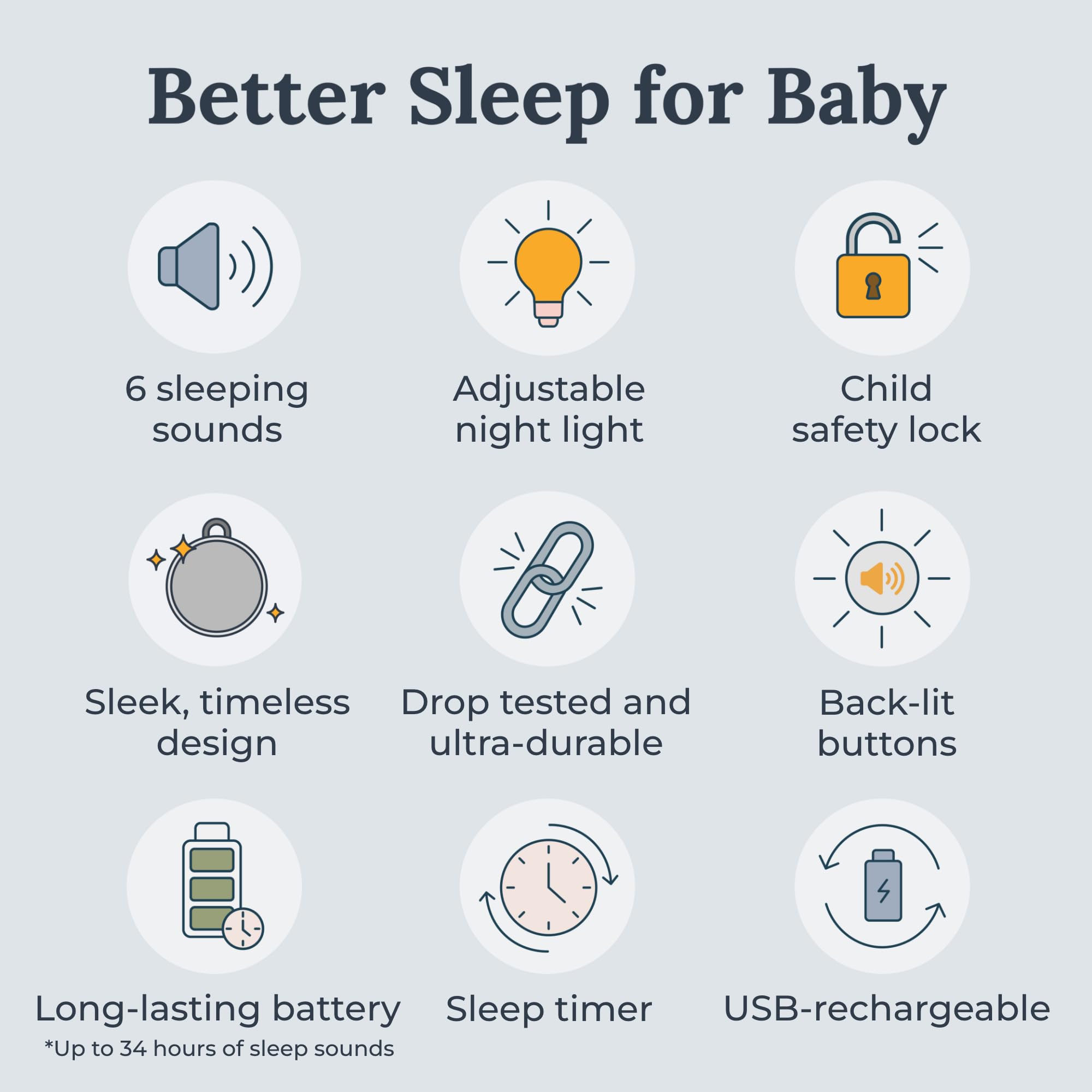 Yogasleep Hushh 2 tragbare Soundmaschine für Baby und Kinder, Tasten mit Hintergrundbeleuchtung und Nachtlicht, mehr Haltbarkeit, 6 beruhigende natürliche Klänge, einfach zu bedienender Timer