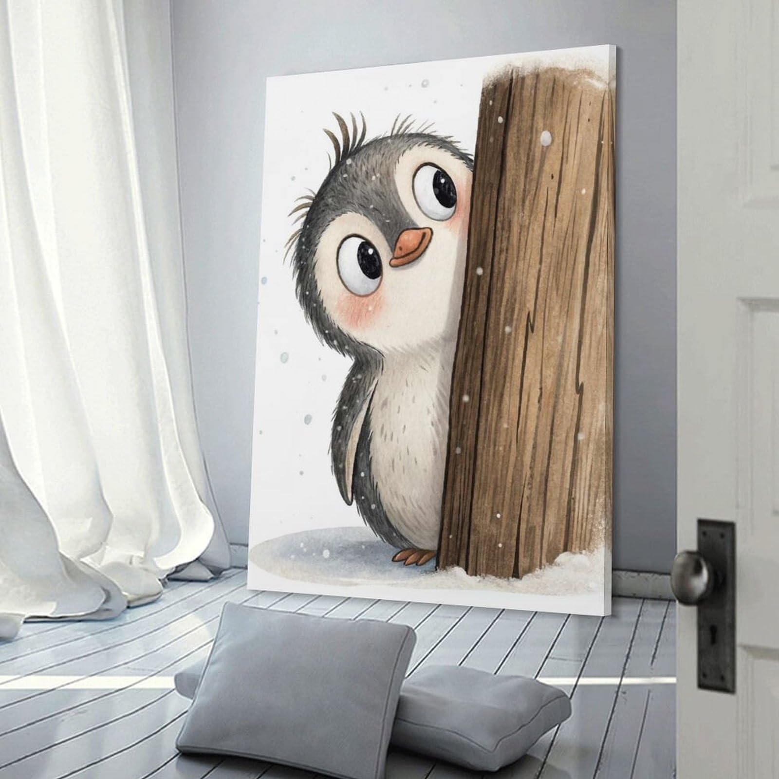 Junmoney Cute Penguin Peeking Behind A Wooden Post Wall Art Print 24x36inch(60x90cm), for Hallway, Entryway Or Landing, Wall Decor to Refresh Empty Corners, for Cosy Room Updates