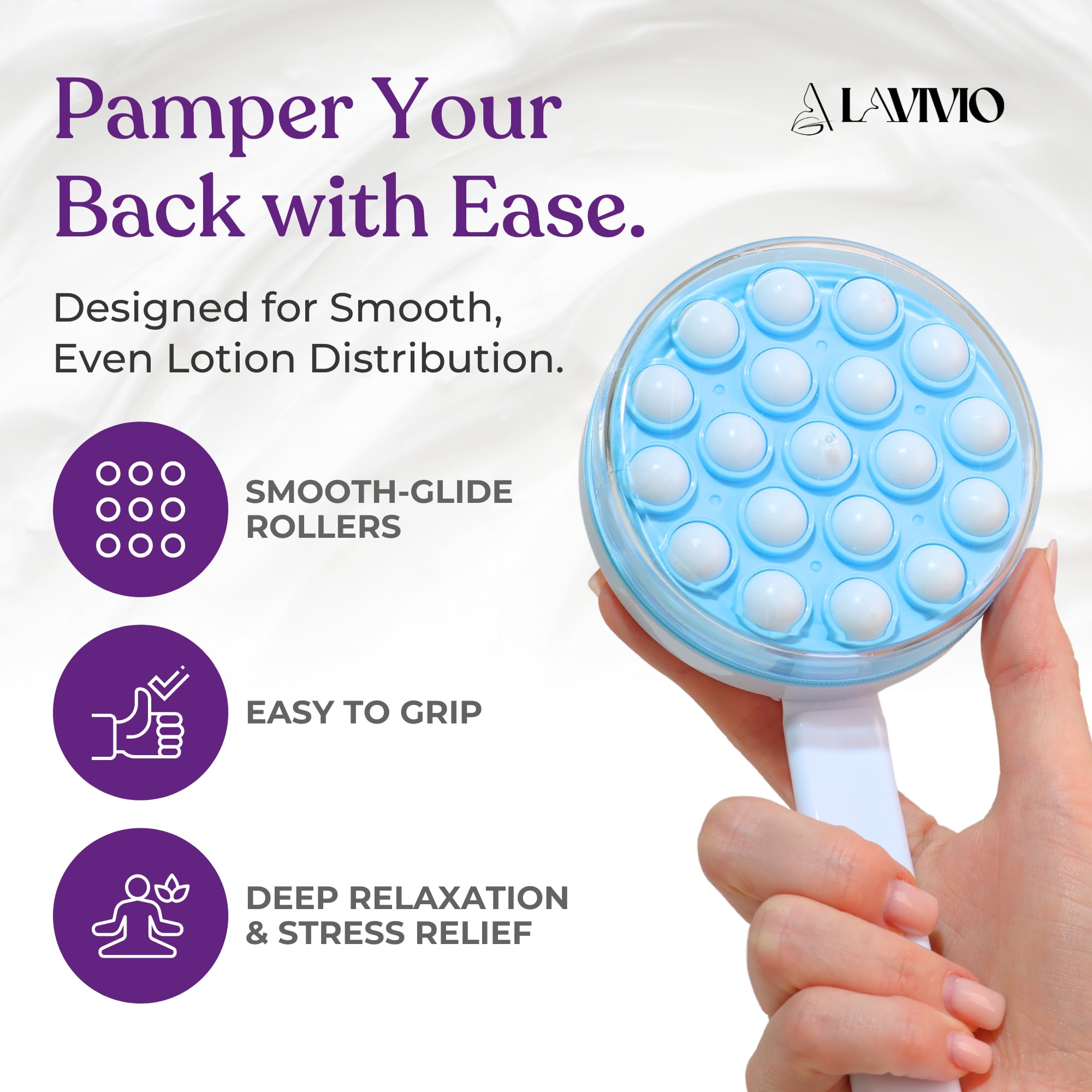 Lavivio Lotion Applicator for Back - Back Lotion Applicator for Women and Men - 19 Massaging Rollers for Soothing Relief - Long Handle, Easy Application - Ideal for Elderly, Perfect for Cream & Lotion