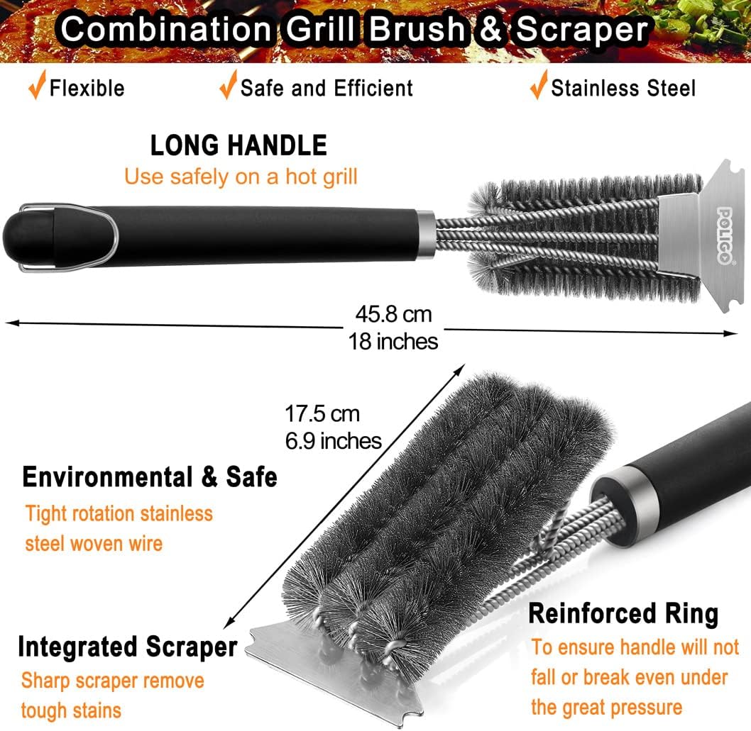 POLIGO BBQ Grill Cleaning Brush Bristle Free  Scraper - Triple Helix Design Barbecue Cleaner - Non-Bristle Grill Brush and Scraper Safe for Gas Charcoal Porcelain Grills - Ideal Grill Tools Gift POLIGO BBQ Grill Cleaning Brush Bristle Free  Scraper - Triple Helix Design Barbecue Cleaner - Non-Bristle Grill Brush and Scraper Safe for Gas Charcoal Porcelain Grills - Ideal Grill Tools Gift