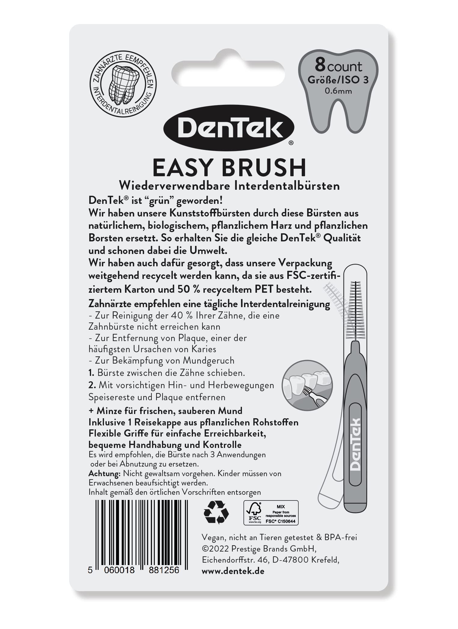 DenTek Eco Easybrush szczotka międzyzębowa ISO 3 8 szt. na bazie roślin - 0,6 medium do normalnych przestrzeni międzyzębowych, o smaku mięty i higienicznej nasadce ochronnej – wielokrotnego użytku