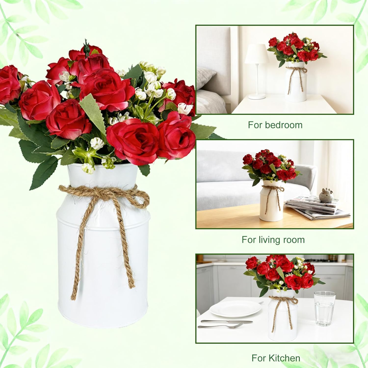 4 Sets Wedding Valentine's Day Flower Centerpiece for Tables, Farmhouse Artificial Roses Bouquet with Metal Milk Can Jug Vase for Party Bridal Shower Event Home Decor (White Vases & Red Roses) - Image 2
