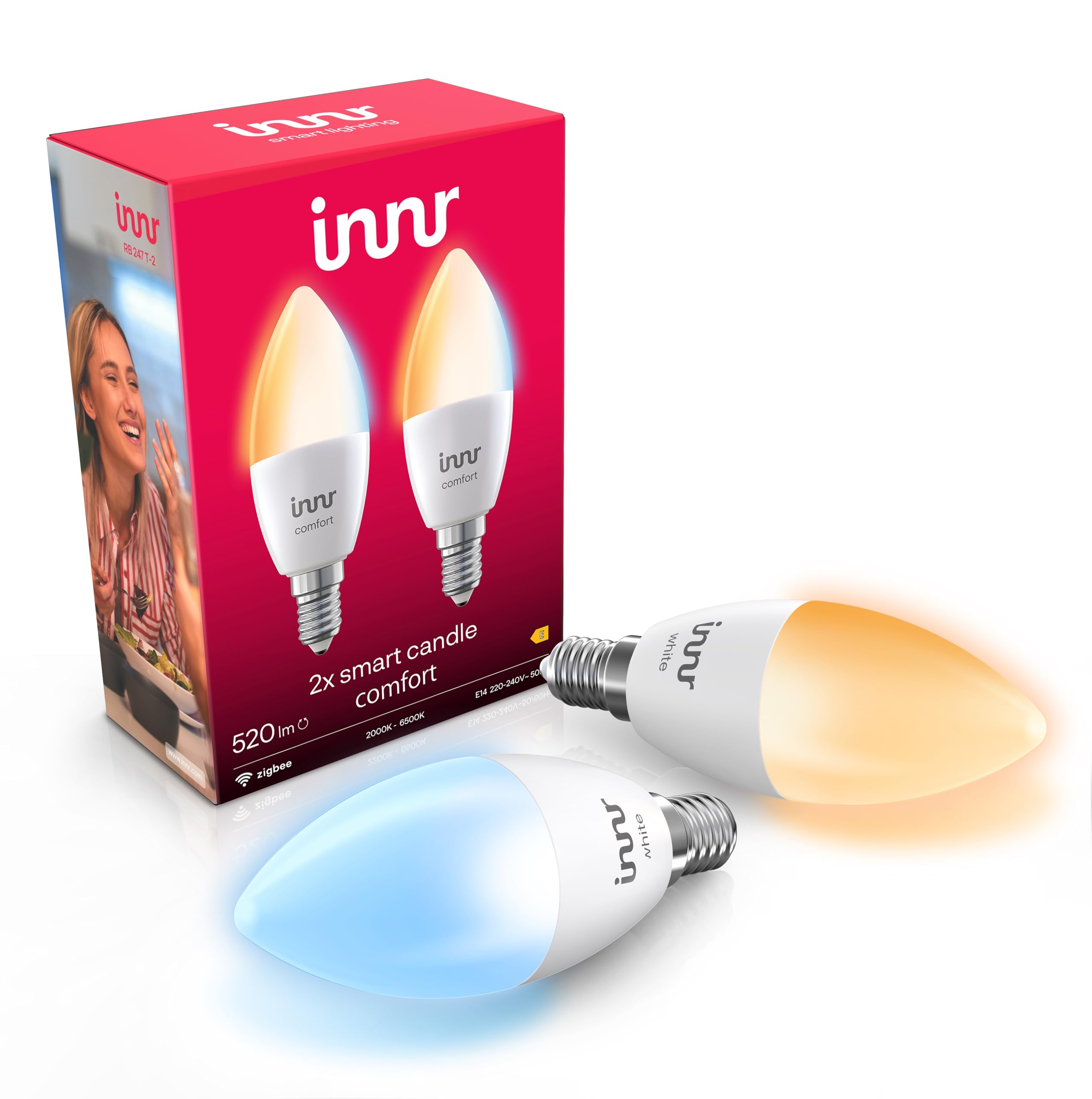 Innr Innr Zigbee E14 Smart Bulb, Works with Hue*, Amazon Echo 4th Gen., Alexa (Bridge Required), Candle Warm White to Cool White, LED Light Bulbs, Dimmable, 520 Lumen, 2-Pack