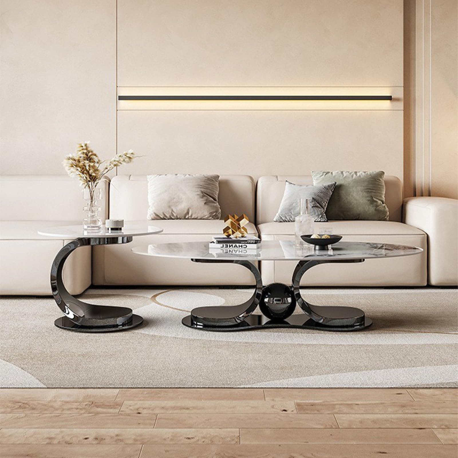 Table basse, design de luxe avec support en métal noir et plateau en pierre blanche, support solide, facile à nettoyer, style unique