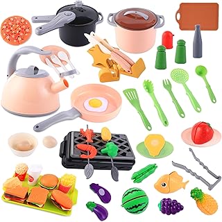 110 Pcs Toddler Pretend BBQ Camping Cooking Playset, Kids Kitchen Toy Accessories, Play Food Set with Play Kitchen Pots and Pans, Utensils Cookware Toys to Exercise Children's Manual and Brain Skills
