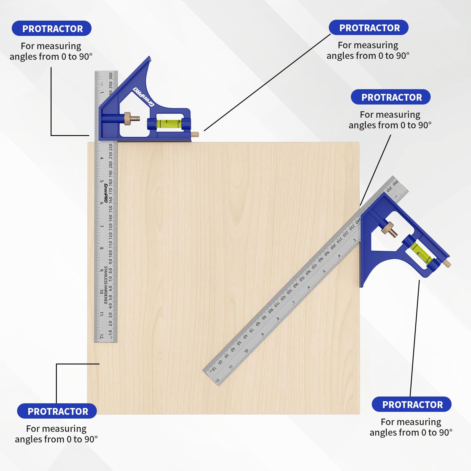 Square Combination Woodworking Tools, 7inch Carpenter Square Wood Working Tools and Accessories, 12inch Square Ruler, Includes Small Bubble Level, Protractor Angle Ruler Carpentry Tool