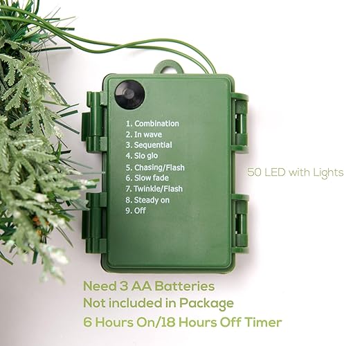 Miniatura 3 de Corona de Navidad de nieve preiluminada con bolas rojas, bayas y lazos, 24 pulgadas, 50 luces LED a pilas, decoración navideña para puerta delantera